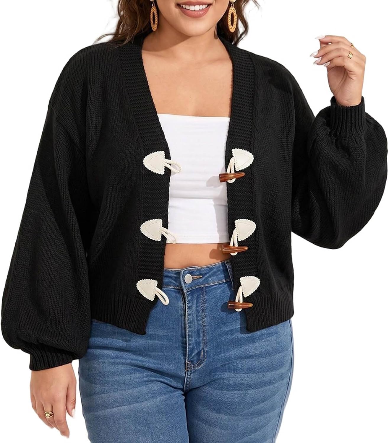 Women's Cable Knit Tops V Neck Balloon Sleeve Toggle Button Sweater