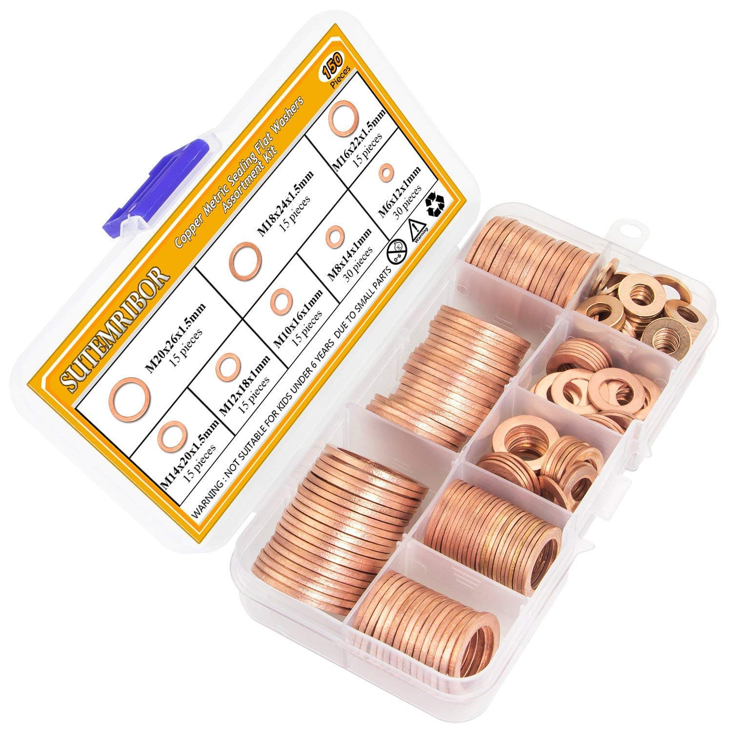 Sutemribor 150PCS 8 Sizes Copper Metric Sealing Washers Flat Washers Assortment Kit