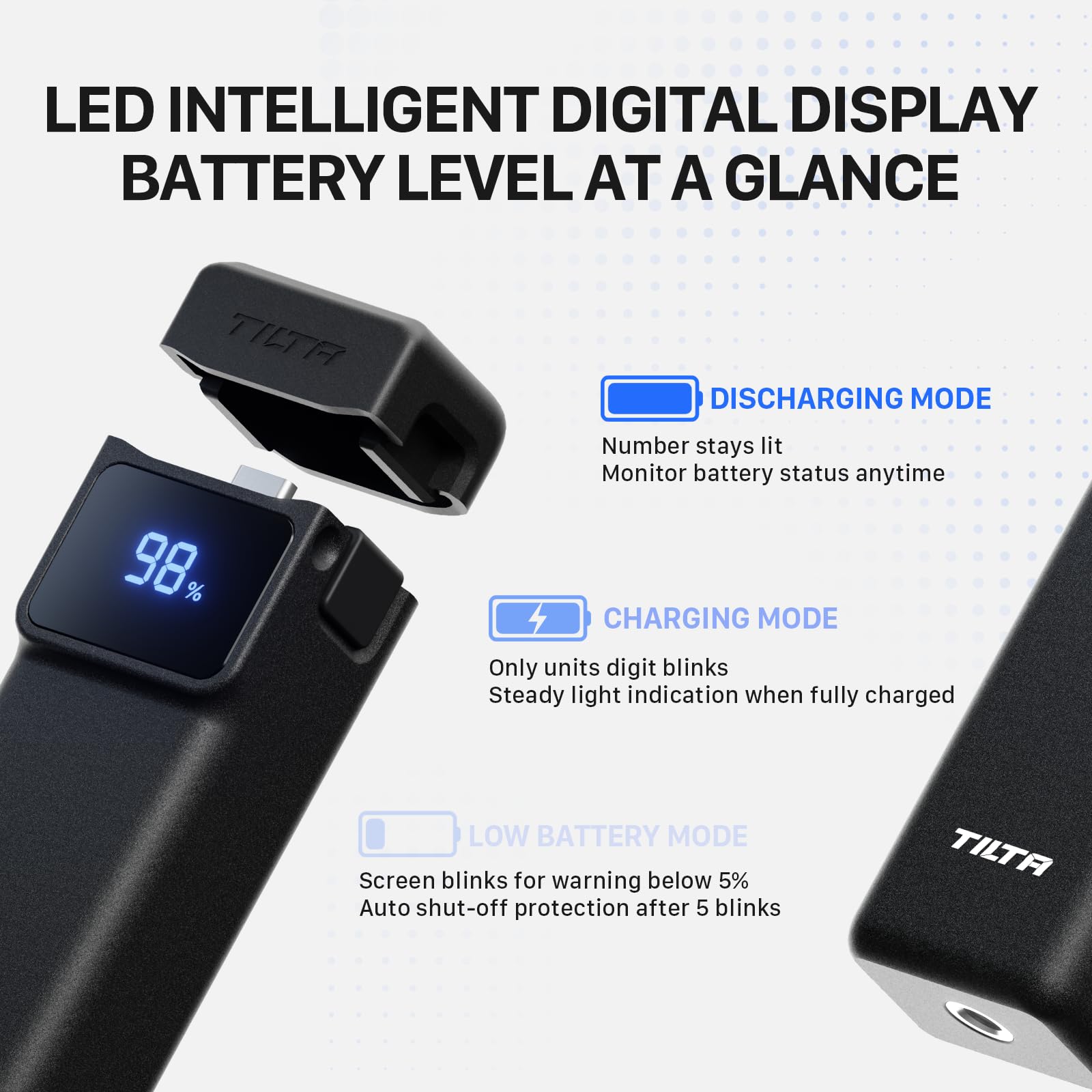 Tilta Pocket 4/3 Akkugriff für Dji osmo Pocket 4/3, 5000mAh Power bank, Power Grip mit USB-C-Ladung, 1/4"-Gewinde für Stativ/Selfie-Stick, Leicht und tragbar, Rutschfest, LED-Anzeige, TA-T96-PPB-B | LED-Smart-Display, USB-C-Ladung, mit Mini-Stativ, 0,6 cm