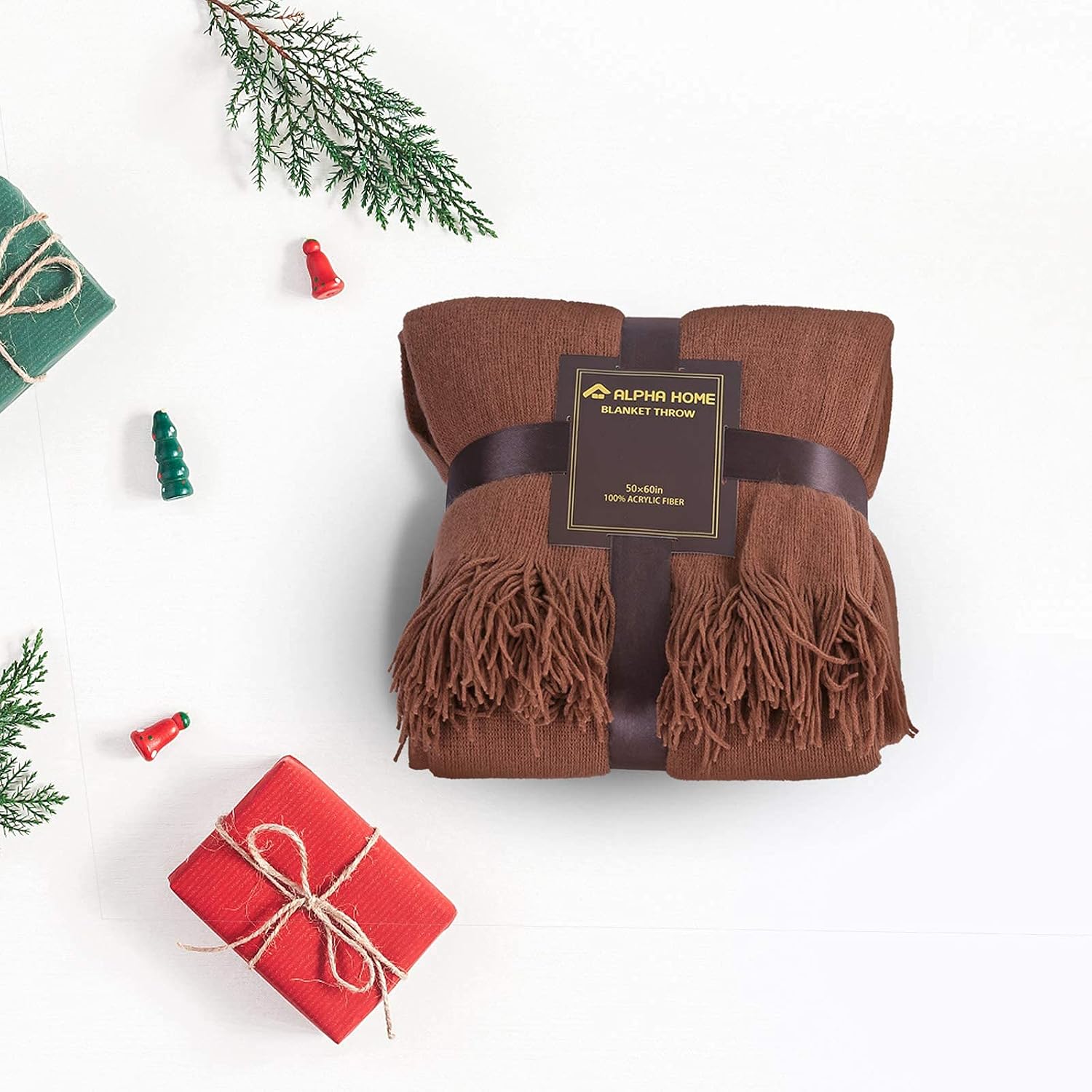 ALPHA HOME Throw Blanket for Couch 50x60 Warm Acrylic Knit Durable Lightweight Bed Blanket Decorative Blanket Tassels with Solid Color Soft for All Seasons Valentine's Day Machine Washable Caramel
