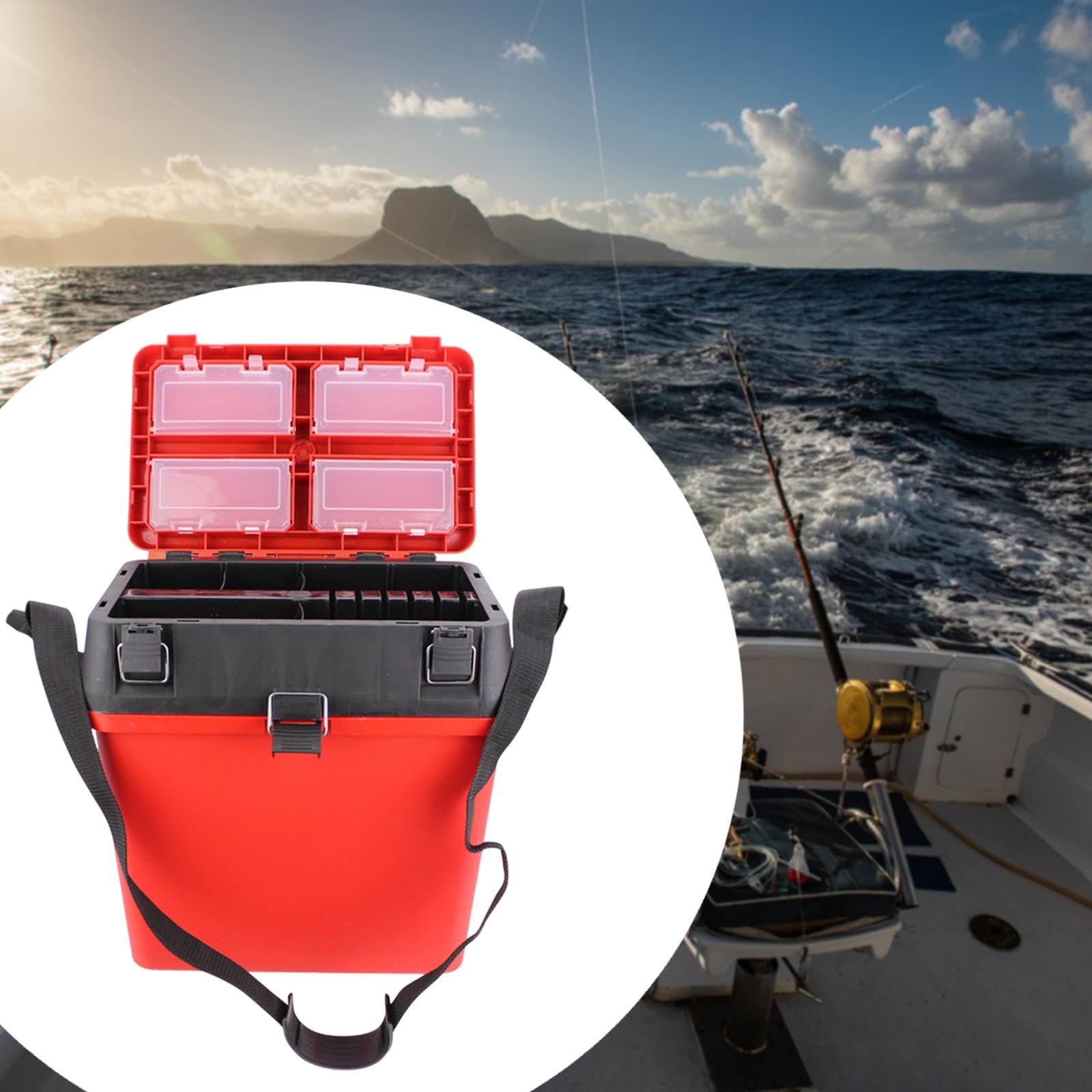 Caja de Pesca Grande Contenedor Almacenamiento Plegable Multifuncional con Bandeja Extraíble Impermeable con Correa Ajustable Adecuada para, Rojo