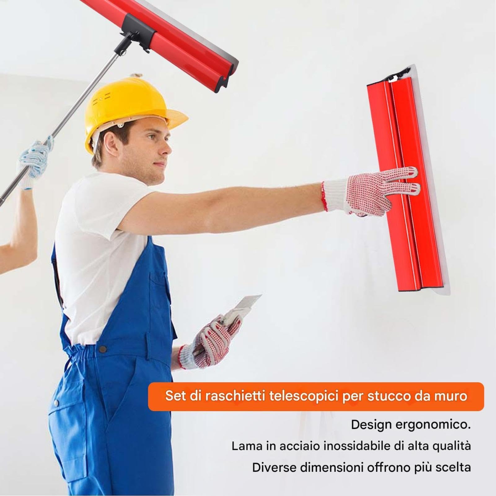 Frattazzo per rasatura professionale asta telescopica 86-207 cm spatola per stucco con 10 misure di lama(155-955 mm) manico regolabile antiscivolo valigetta inclusa – per lisciare grandi superfici A