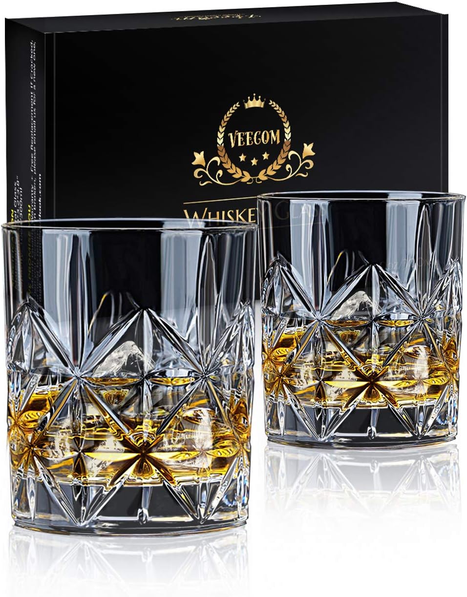 Whiskey Glass Set of 2, 10 oz Crystal Whiskey Glasses Thick Bottom Bourbon Gifts for Men, Old Fashioned Rocks Glasses Tumbler for Scotch, Cocktail, Father's Day Gifts for Men (Glass Set 2)
