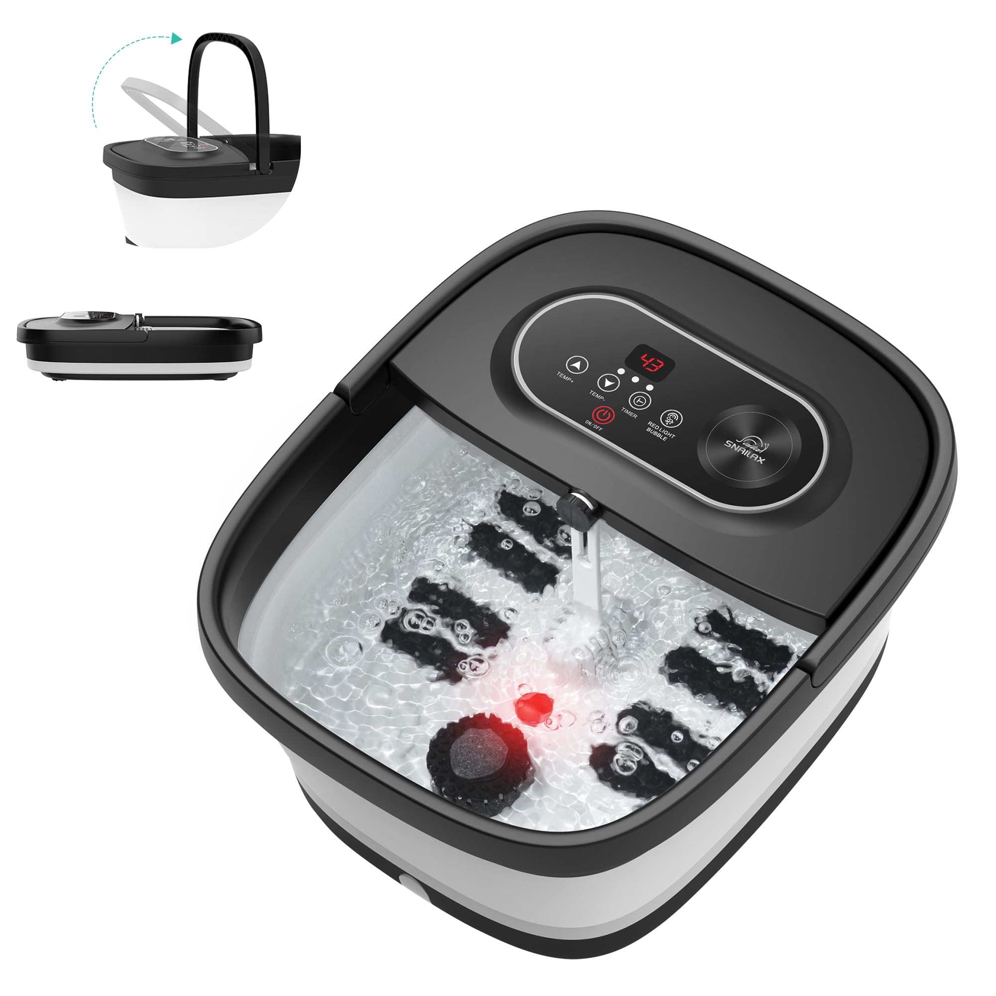 Snailax Baño de pies plegable con masaje y calefacción, baño de burbujas con ruedas Shiatsu | 14 niveles de calor | burbujas | luz roja | temporizador, bañera eléctrica 35 ℃ – 48 ℃, masajeador de pies Global Recycled Standard Global Recycled Standard Global Recycled Standard