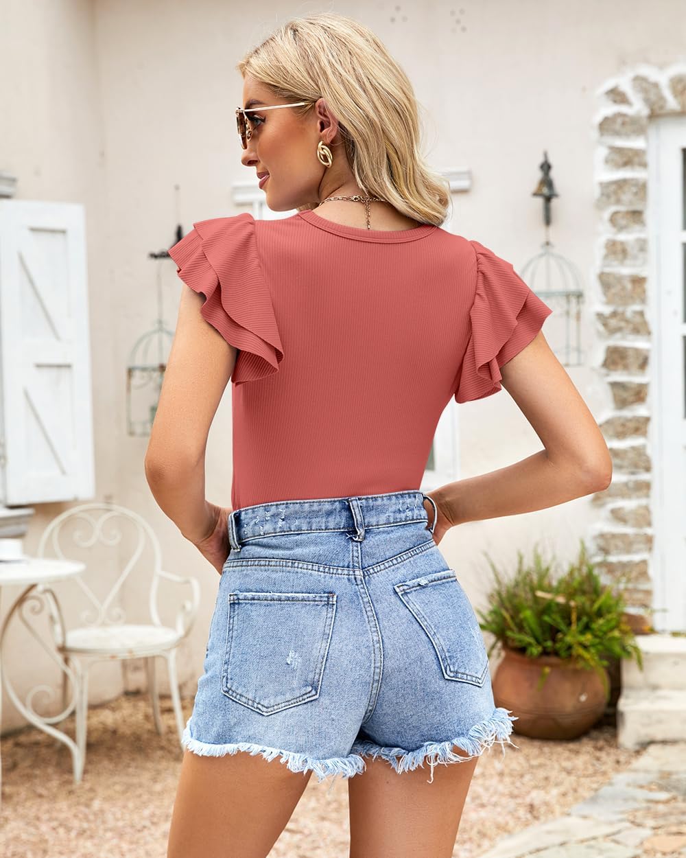 Womens Ruffle Short Sleeve Bodysuits Slim Fit Crew Neck Ribbed Leotard Shirts Tops