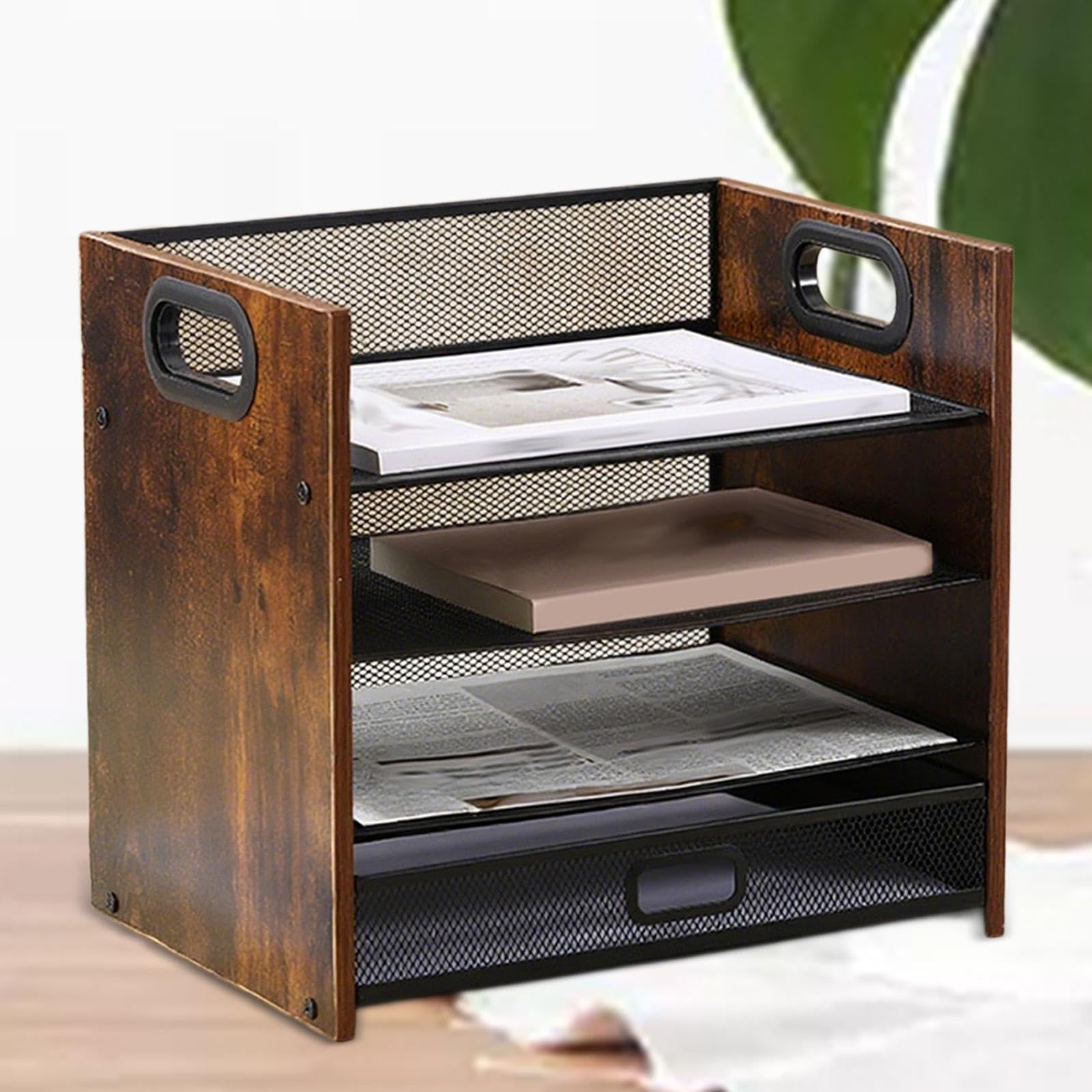 harayaa Schreibtisch-Datei-Organizer, Schreibtisch-Organizer aus Holz mit Schublade und Griff, Papierablage aus Holz für Zuhause, 4-stufig