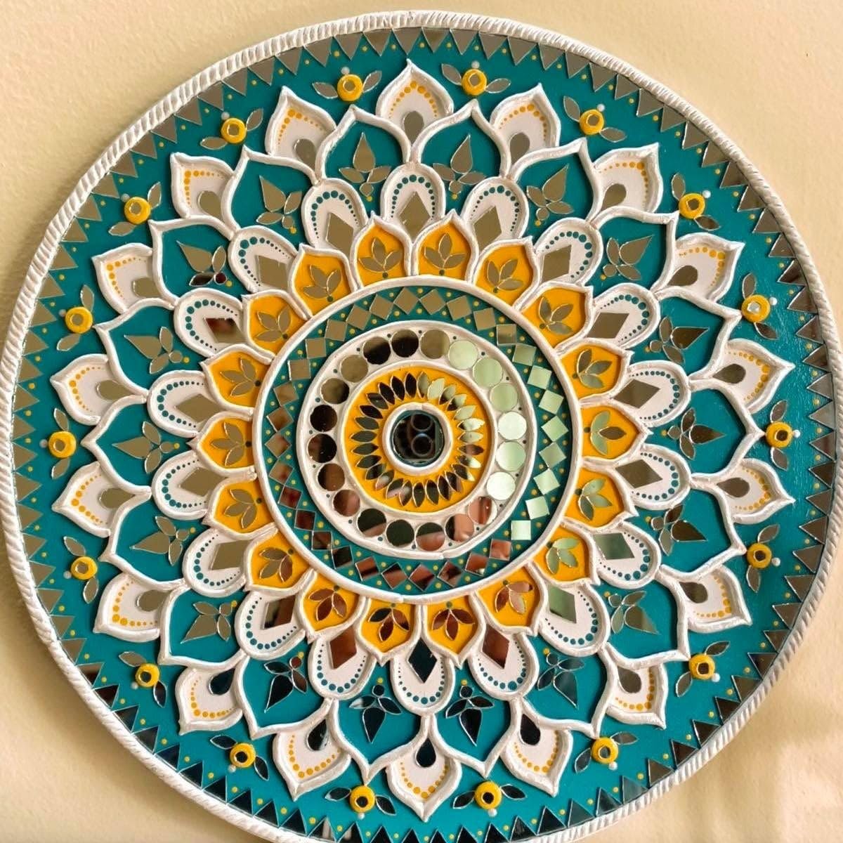 Vivid Handmade Lippan Art Wall Hanging with Clay and Mirror Work | Traditional Indian Mandala Mud Mirror Wall Art for Home Decoration, Diwali Gifting 12 X 12 Inch-image-37
