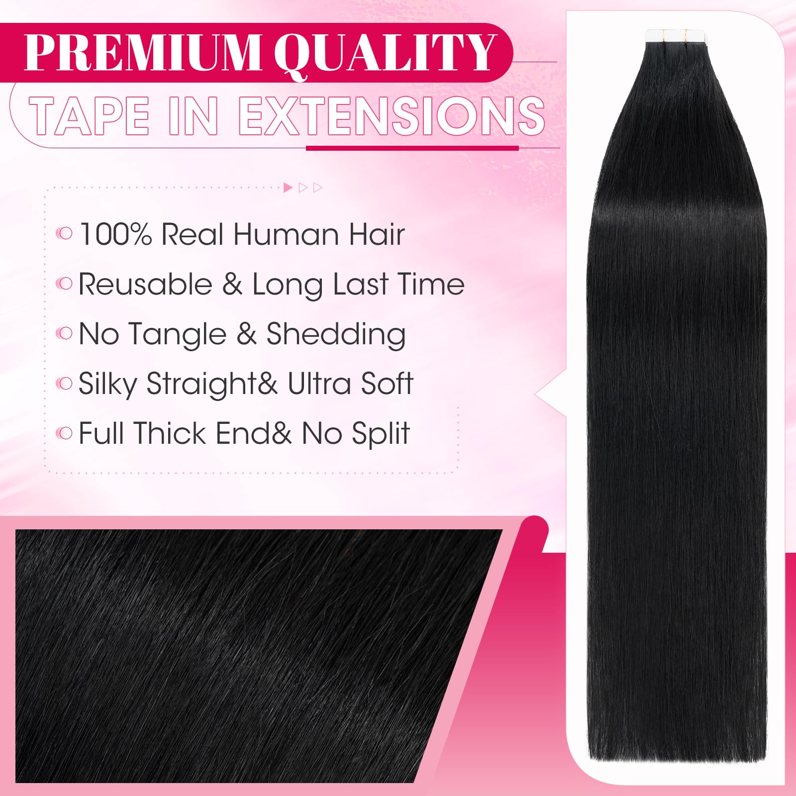 MY-LADY Invisible Tape in Hair Extensions Human Hair - 20pcs Remy Straight Real Hair #1 Jet Black - 12 Inch 30g - Image 2