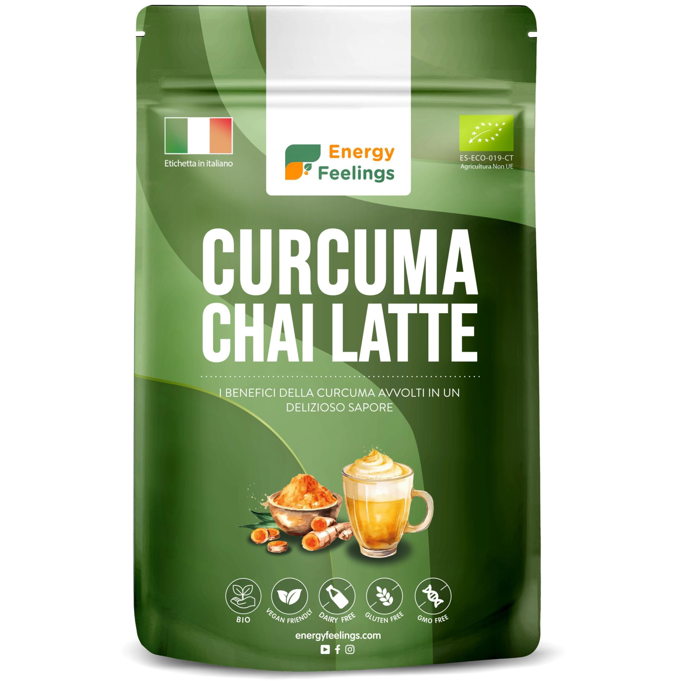 Energy Feelings Curcuma Chai Latte in Polvere BIO 500g,Golden Milk, Latte Dorato. Antiossidante e Antinfiammatorio Naturale. Curcuma con Zenzero Pepe Nero e Cannella, Senza Glutine, Vegano