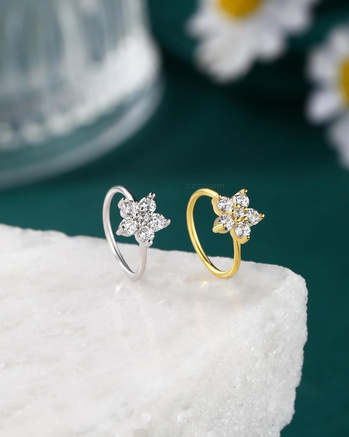 COCHARM 14K Gold Plated 925 Sterling Silver Nose Ring Hoop 20g Dainty Flower Nose Rings for Women Gold Cute Nose Piercing Jewelry Sterling Silver Nostril Hoop