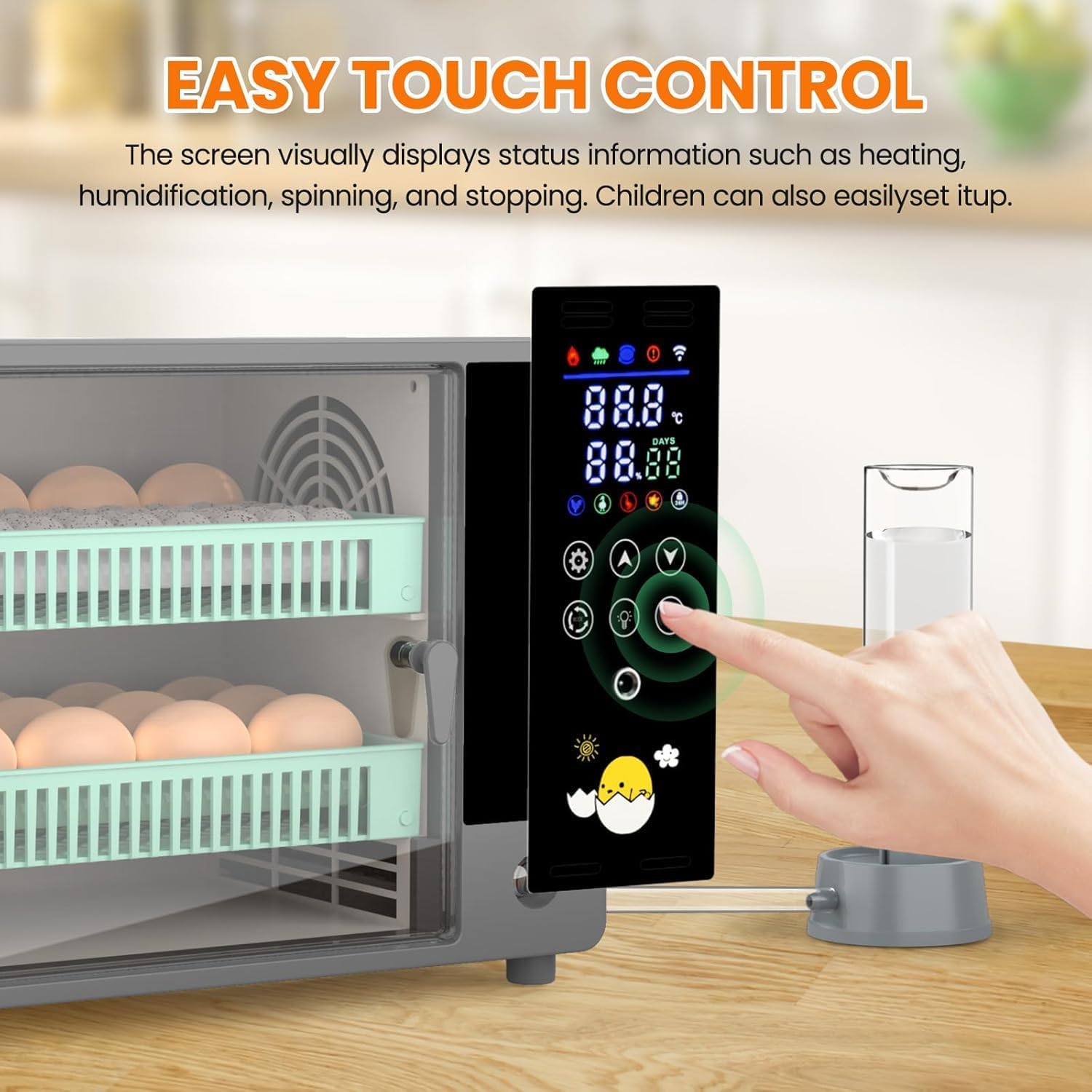 Vollautomatischer Inkubator für 24 Eier mit automatischem Drehen von Eiern und Befeuchtung durch Ultraschallbeströbung, Temperaturregelung, LED-Farbdisplay, Lichtlampe für Ei