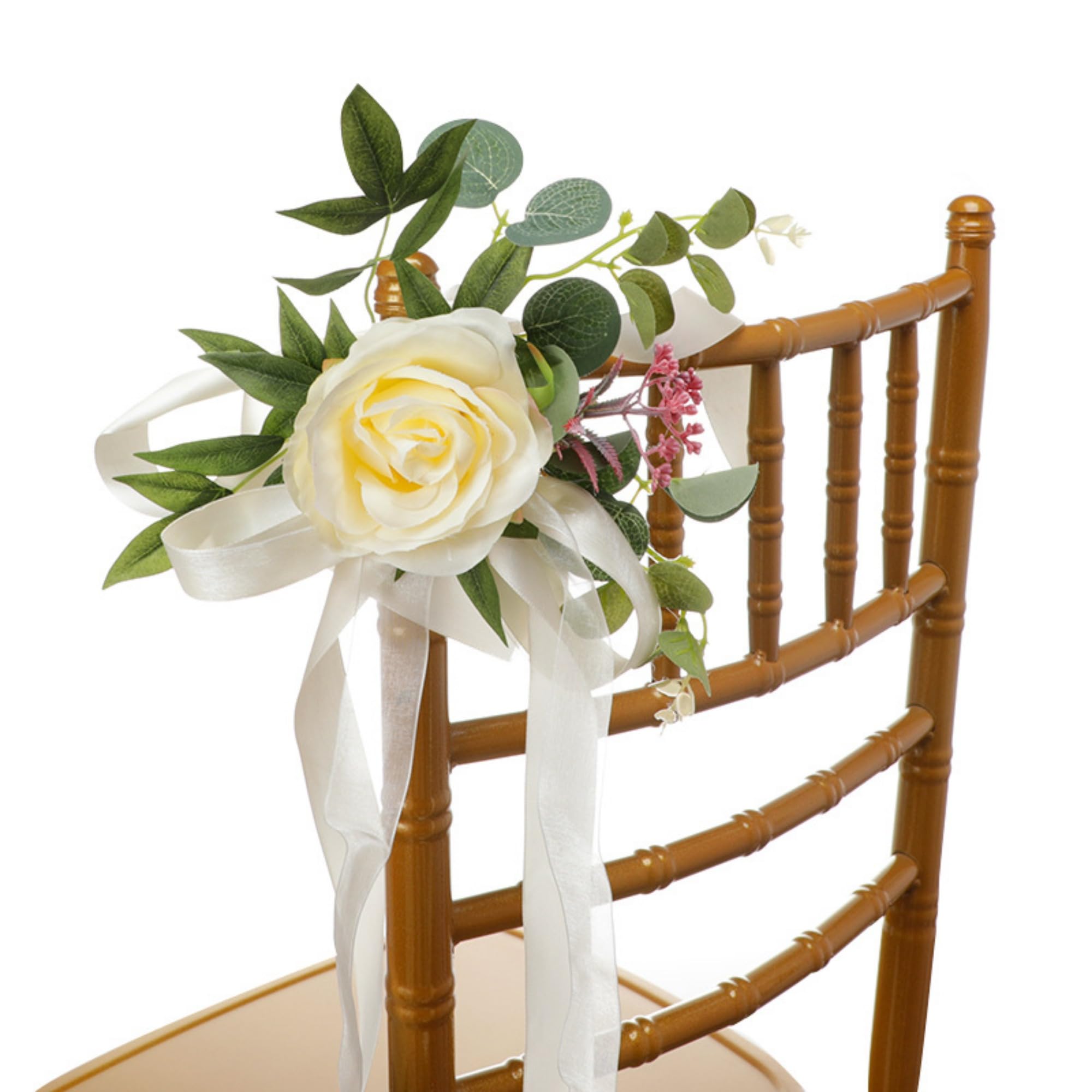 ZBELLO Set of 8 Wedding Chair Decorations, Wedding Aisle Decorations with Artificial Flowers Eucalyptus and Ribbons for Ceremony Party Chair Decor (Yellow)