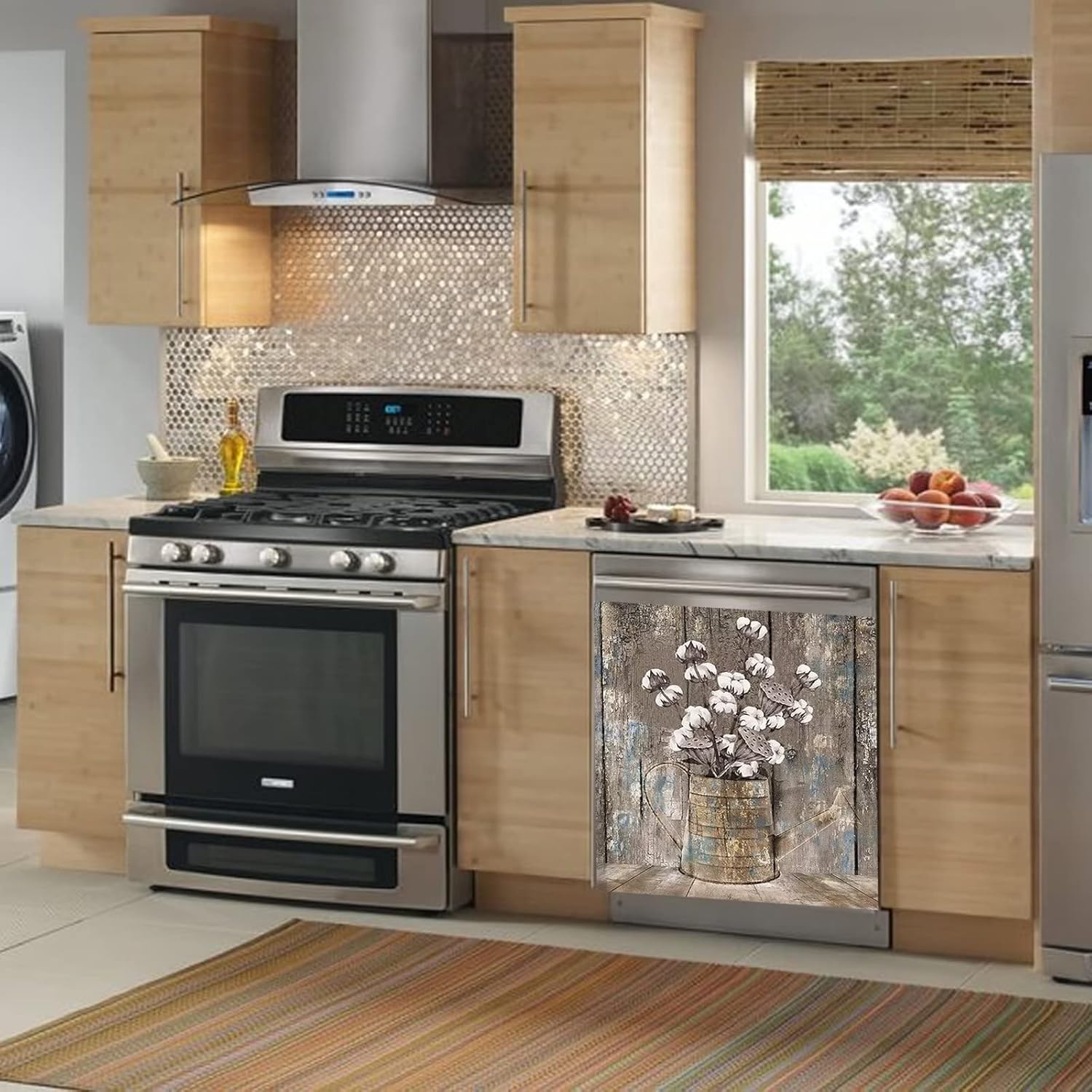 Vintage Wood Dishwasher Cover Kitchen Decorative,Rustic Wooden Dishwasher Magnet Cover Decor Cotton Flower Sticker,Retro Farm Floral Dishwasher Decal Home Appliance Panel Stickers 23x26