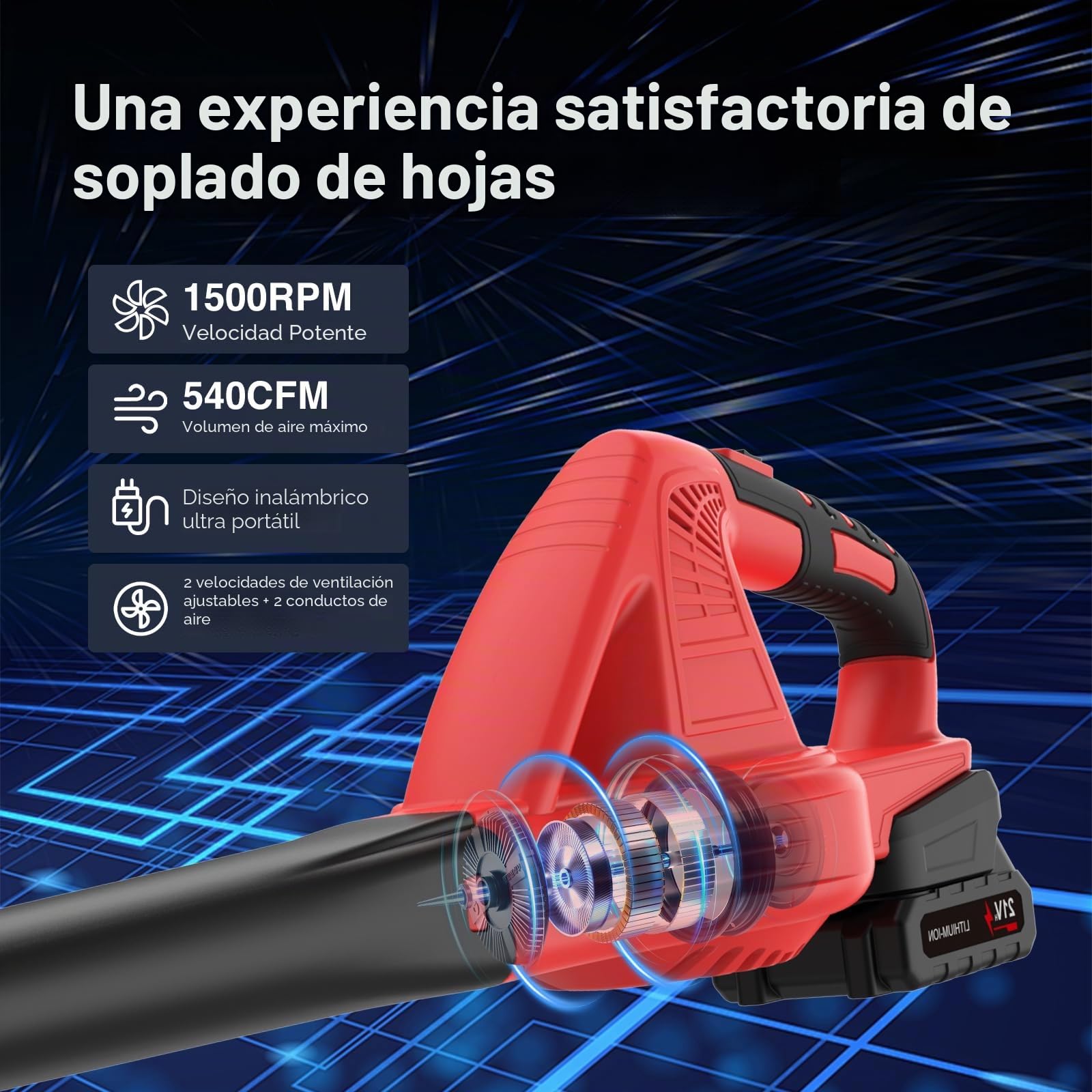 Eznaobo Soplador De Batería 21 V, Inalámbrico Con 2 Baterías 4, Y Cargador, Velocidad /h, Modos Velocidad, Tubo Extraíble, Hojas Para Terraza, Callejones, 288 Km, 0 Ah