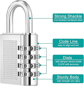 ZHEGE 4 Digit Combination Padlocks for Gym Lockers, (2P, Silver) | School Lockers, Outdoor Combination Lock for Fence Gate, Shed Door, etc
