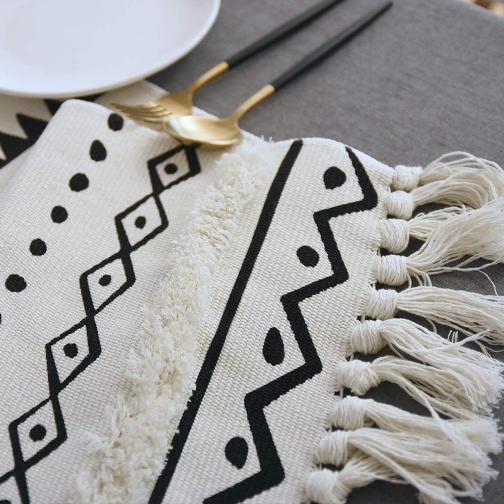 Moroccan Fringe Table Runner 14 in x 87 in, KIMODE Farmhouse Bohemian Geometric Cotton Handmade Woven Tufted Tassels Dinning Table Linen Machine Washable Minimalist Home Decorative, Black and White