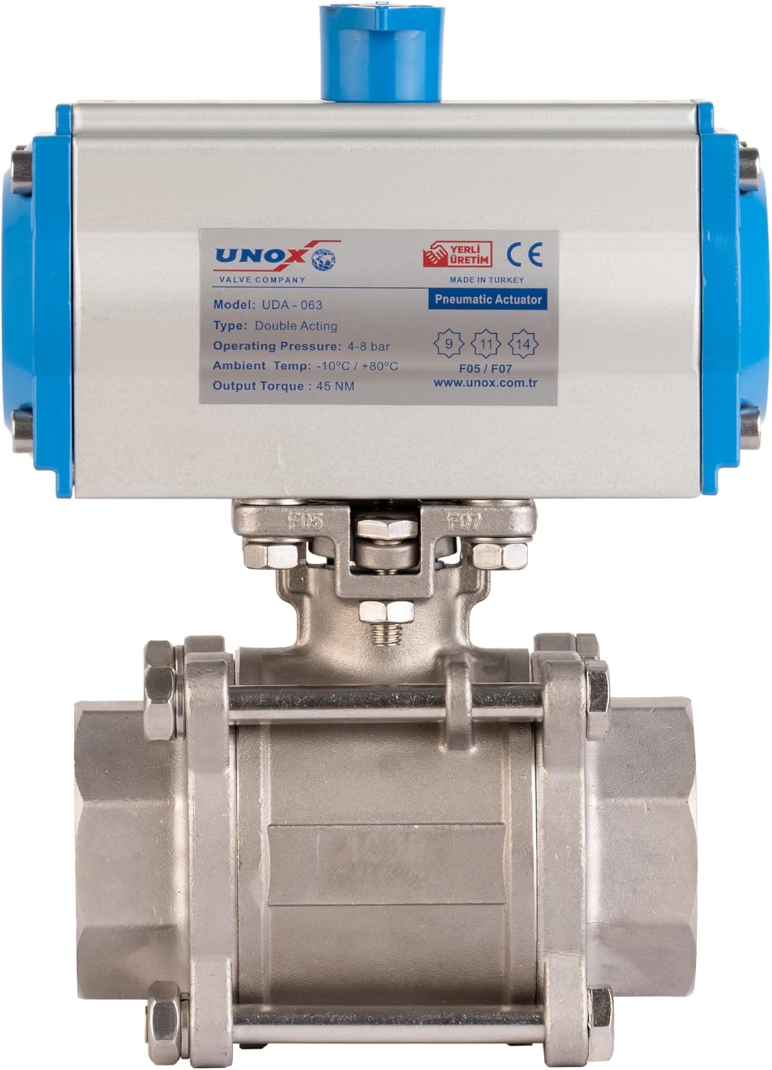 UNOX 3/4" Double Acting Pneumatic Actuated Ball Valve, SS304 Stainless Steel, 3-Piece Full Port, Threaded NPT