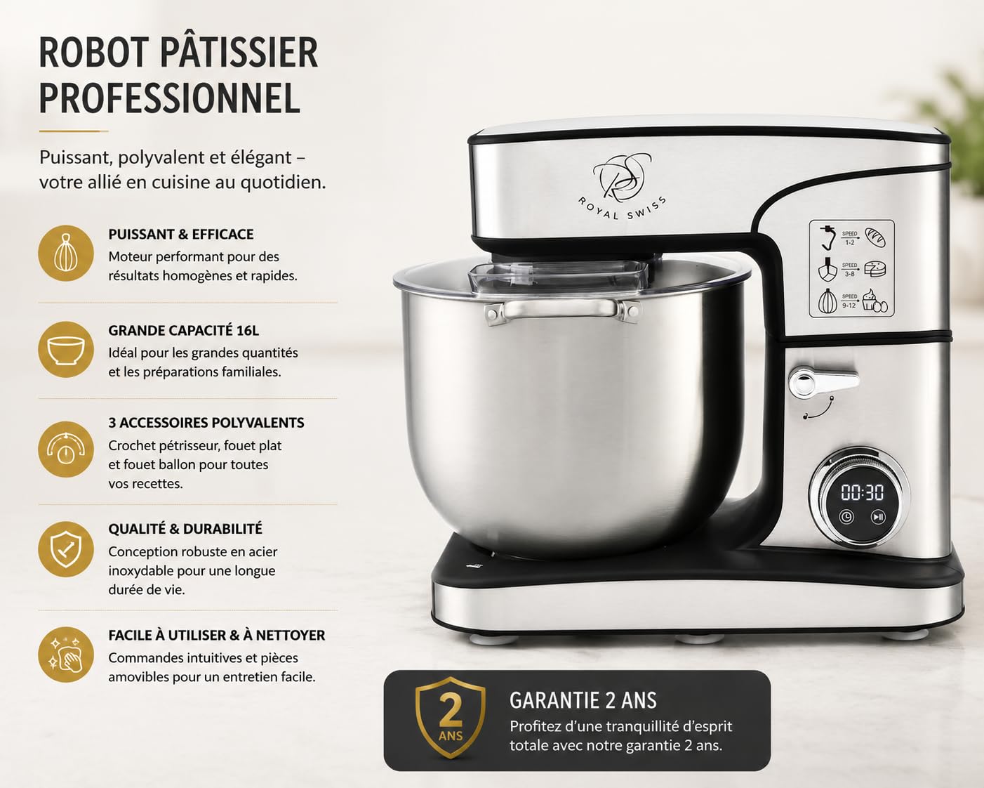 Royal Swiss® Impastatrice Planetaria Professionale 2800W 16L XXXXL – Robot da Cucina con 12 Velocità, Timer LED Touch, Ciotola Inox, Tritacarne, Gancio, Frusta – Mixer per Pane, Pizza, Dolci (16L)
