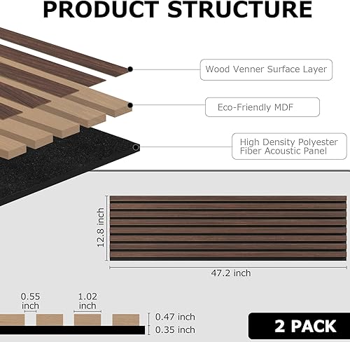 Miniatura 2 de Evenreach Panel de pared de listones de madera, paquete de 2 paneles de pared de madera acústica de 47.2 x 12.8 pulgadas para decoración de pared