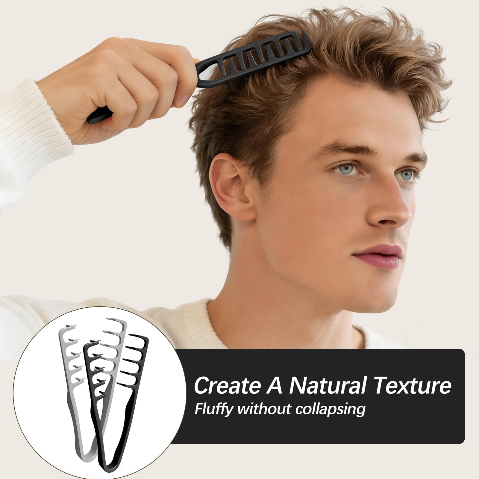 2 Pièces Peigne Cheveux À Texture Pliable, Brosse À Cheveux Bouclés Pour, Peigne Grosse Dent Large de Coiffage Volumineux Avec Texture, Pince De Levage, Pour Femmes Et Hommes (Gris Noir)