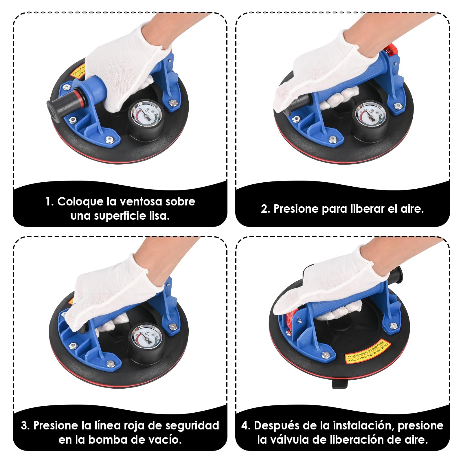 2 Piezas 8" Ventosas para Cristal con Manómetro, Ventosa Capacidad de Carga Máxima 200 kg, Ventosa Cristal con Caja de Transporte para Vidrio, Azulejos, Mármol, Azul