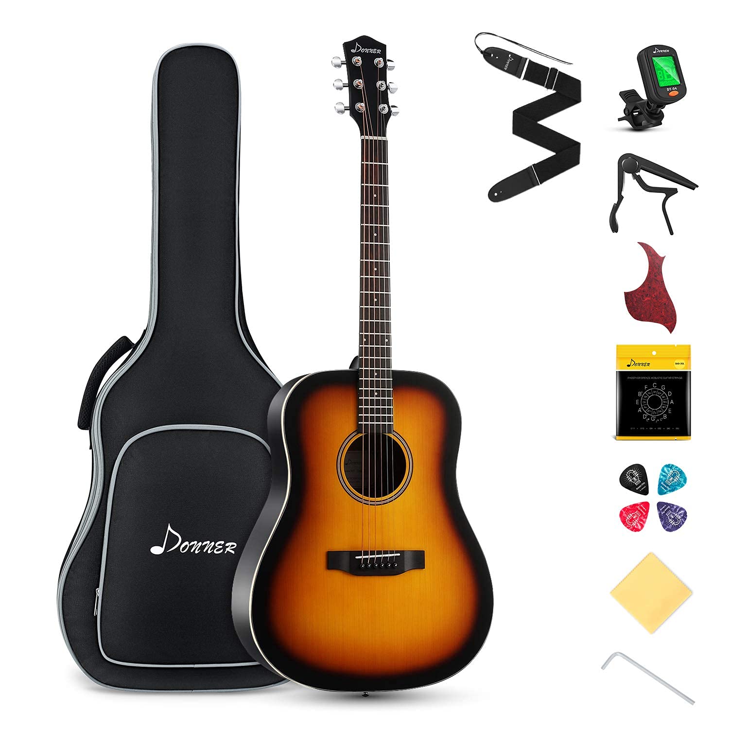 Donner Acoustic Guitar for Beginner Adult Full Size Dreadnought Acustica Guitarra Bundle Kit with Free Online Lesson Bag Strap Tuner Capo Pickguard Pick, Right Hand 41 Inch Sunburst, DAG-1S/DAD-160S