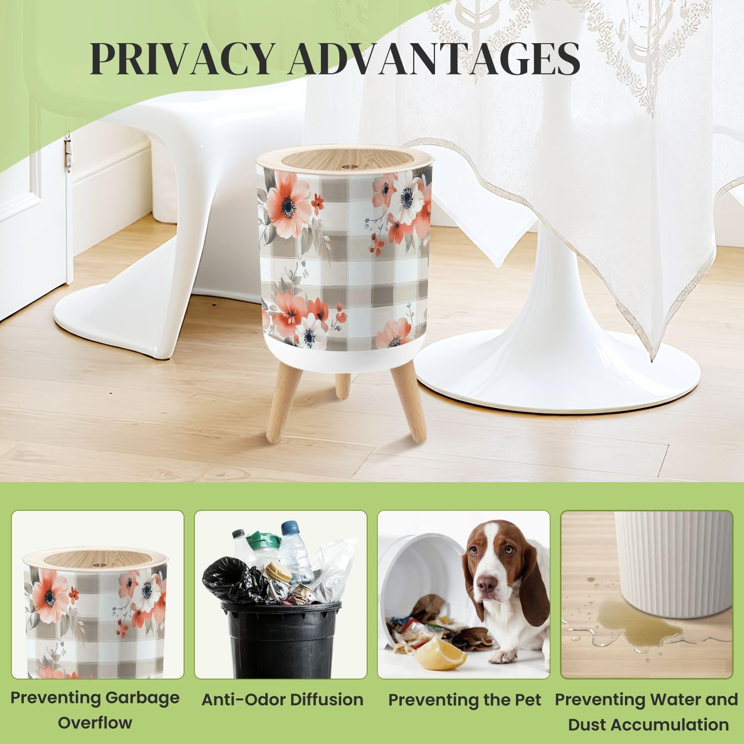 Small Trash Can with Lid Beautiful beige white check gingham floral seamless tileable Round Press Top Garbage Can with Legs Trash Bin Waste Basket for Kitchen Bedroom Bathroom 7L/1.8 Gallon