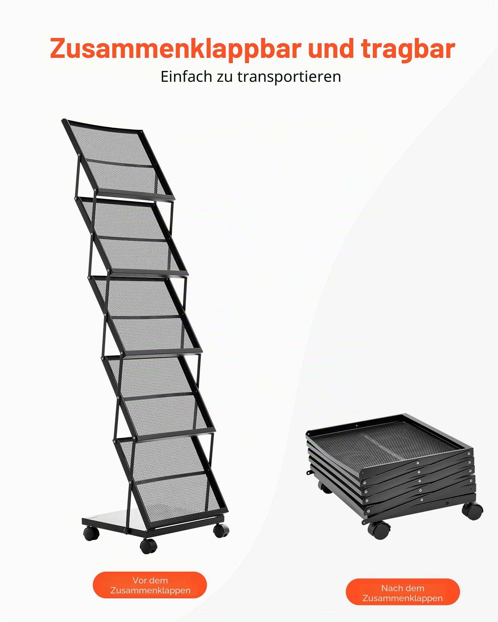 VEVOR faltbarer Prospektständer Zeitschriftenständer mit 5 Taschen, rollbarer Literaturständer Kataloghalter Schrägsteller, Buchständer Bodenaufsteller für Messe, Büroshows, Ausstellung