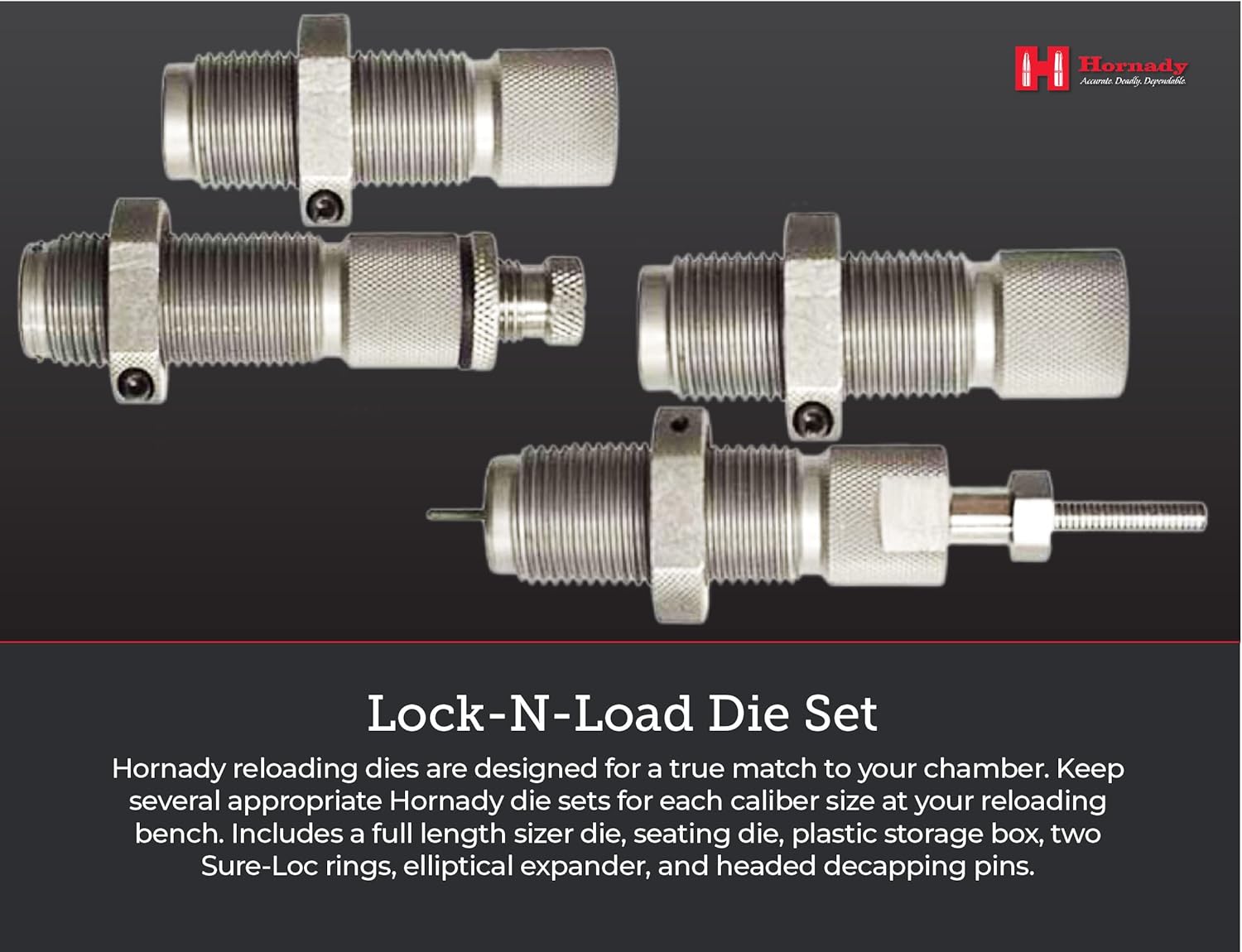 Hornady Custom Grade New Dimension 4-Die Set - Caliber Specific Reloading Equipment for Handloaders with Full Length Sizer Die, Seating Die, Sure-Loc Rings, & Storage Box