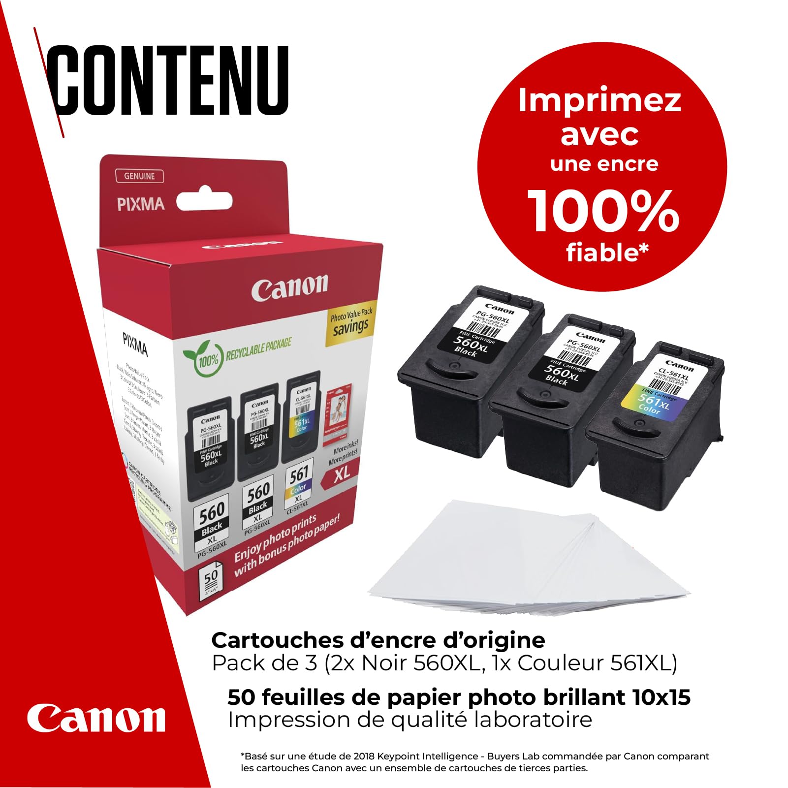 Canon PG-560XL x 2 / CL-561XL Lot de 3 Cartouches d'encre Authentiques à Haut rendement (2 x Noir, 1 x Couleur) ; Comprend 50 Feuilles de Papier Photo 10 x 15 cm – Multipack en Carton