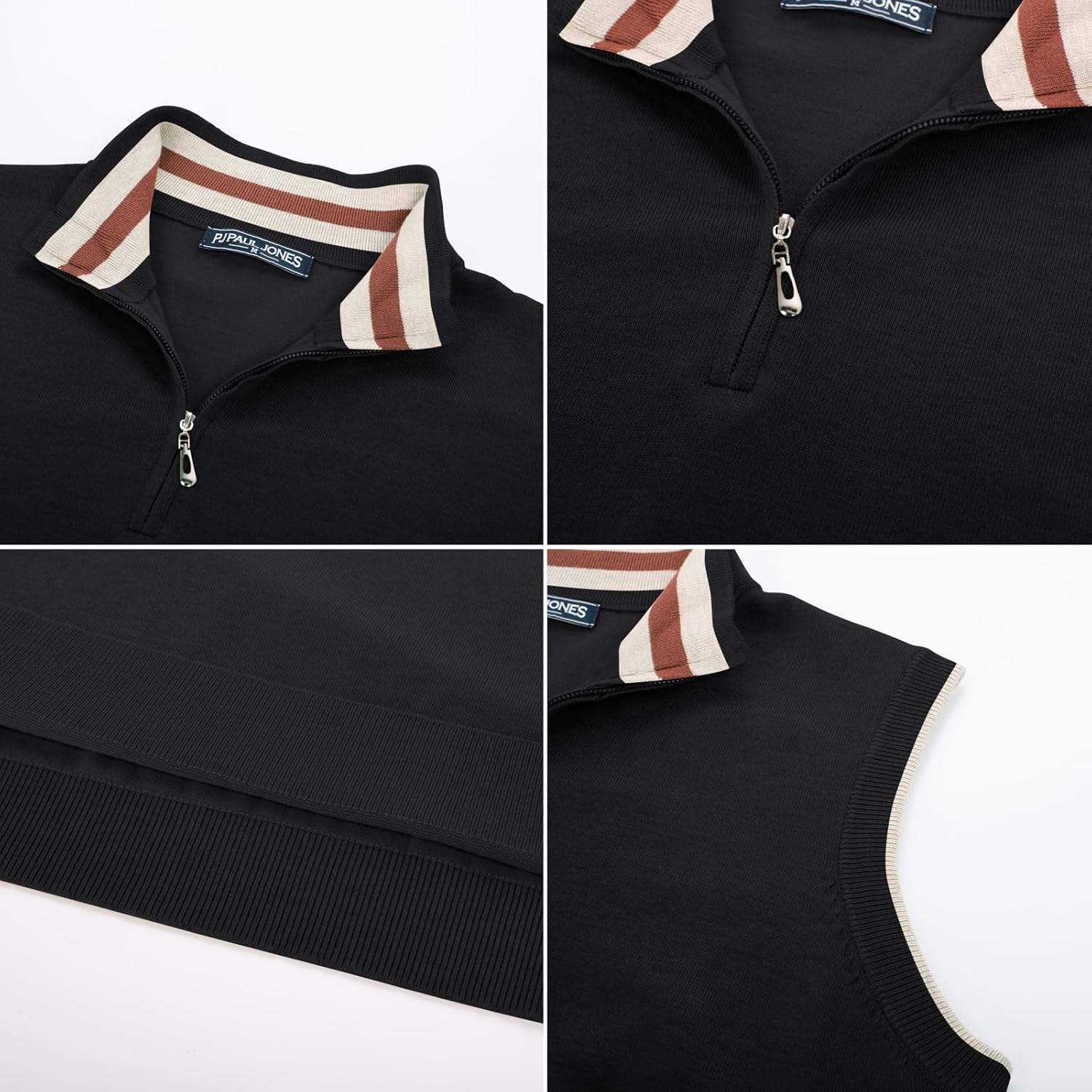 PJ PAUL JONES Mens Sweater Vest Quarter Zip Vest Sweater Stand Collar Contrast Stripes Pullover Knitwear Vest - Image 4