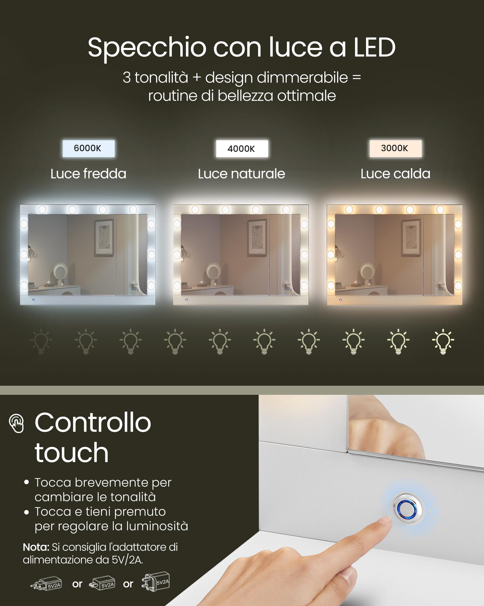 VASAGLE KAILYN Collezione - Toeletta da Trucco con Luce LED e Sgabello, Postazione Trucco con Specchio, Portagioielli, Stazione di Ricarica, 40 x 125 x 140 cm, con Cassetti, Bianco Nuvola RDT127WB01