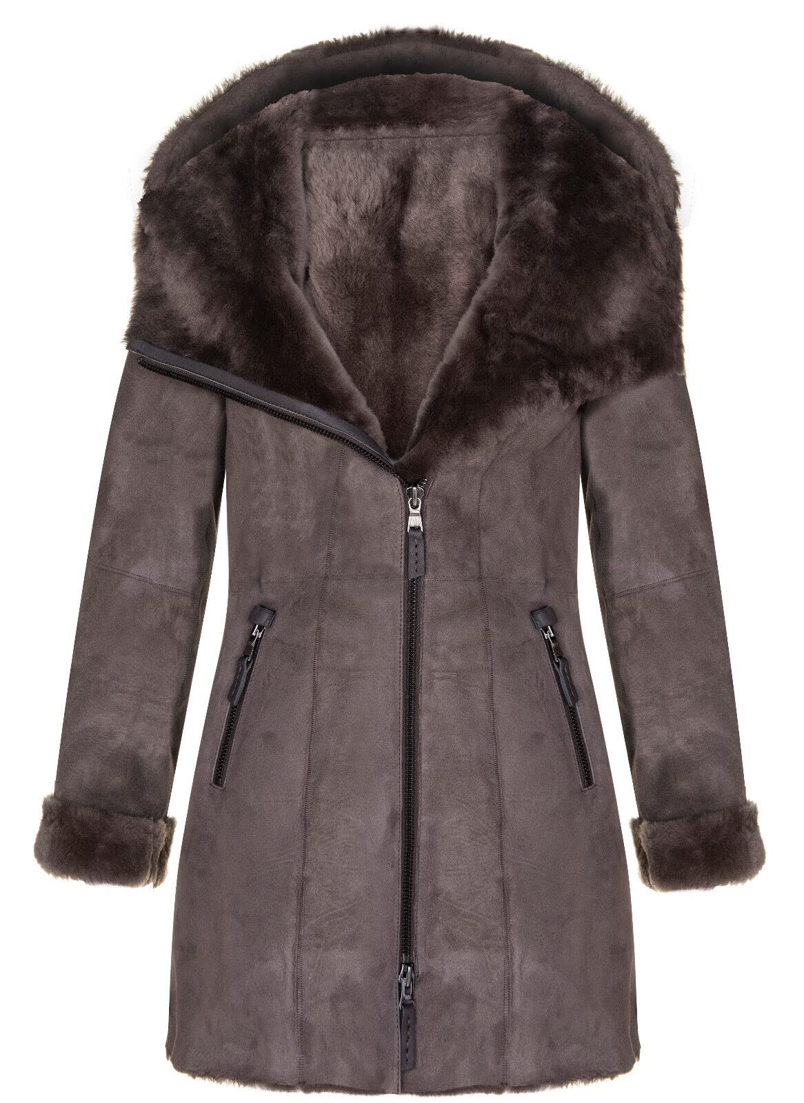 Infinity Leather Women's Taupe Hooded Shearling Sheepskin Merino Suede Leather Coat S