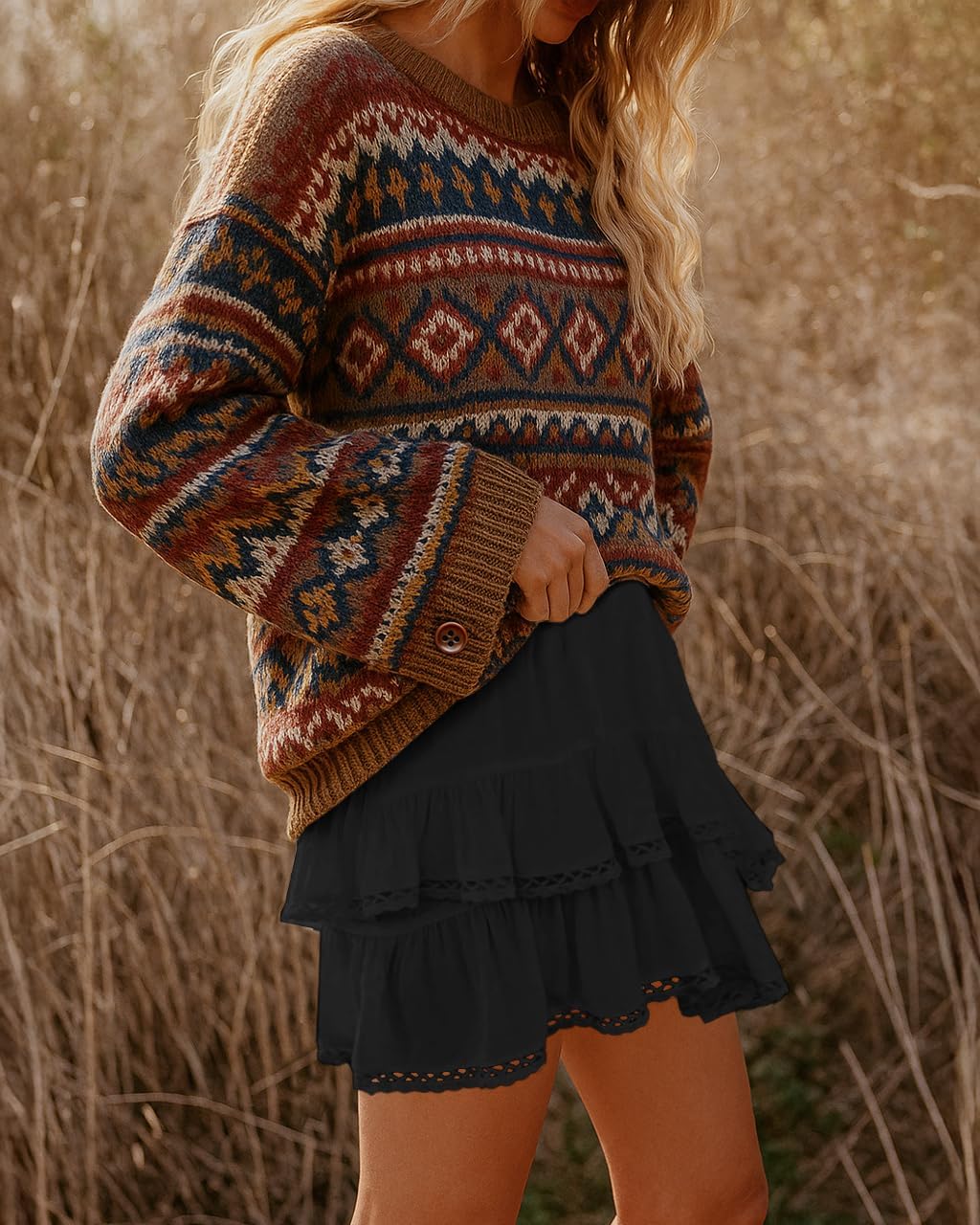 Lepunuo Boho Shorts for Women High Waisted Ruffle Tiered Flowy Skirts with Shorts Underneath Western Skorts - Image 3