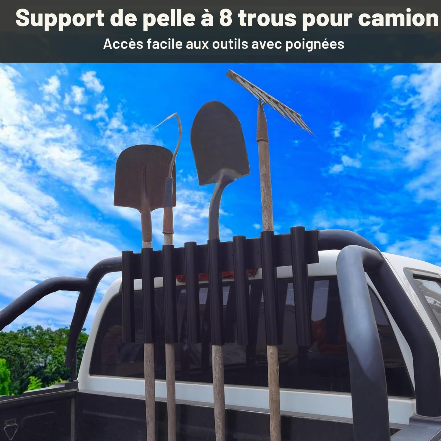 Support de pelle à 8 trous pour camion, support de pelle en métal avec 8 trous en 2 groupes, porte-outils de remorque robuste pour tondeuse, râteau, pelouse, outils à main paysagers