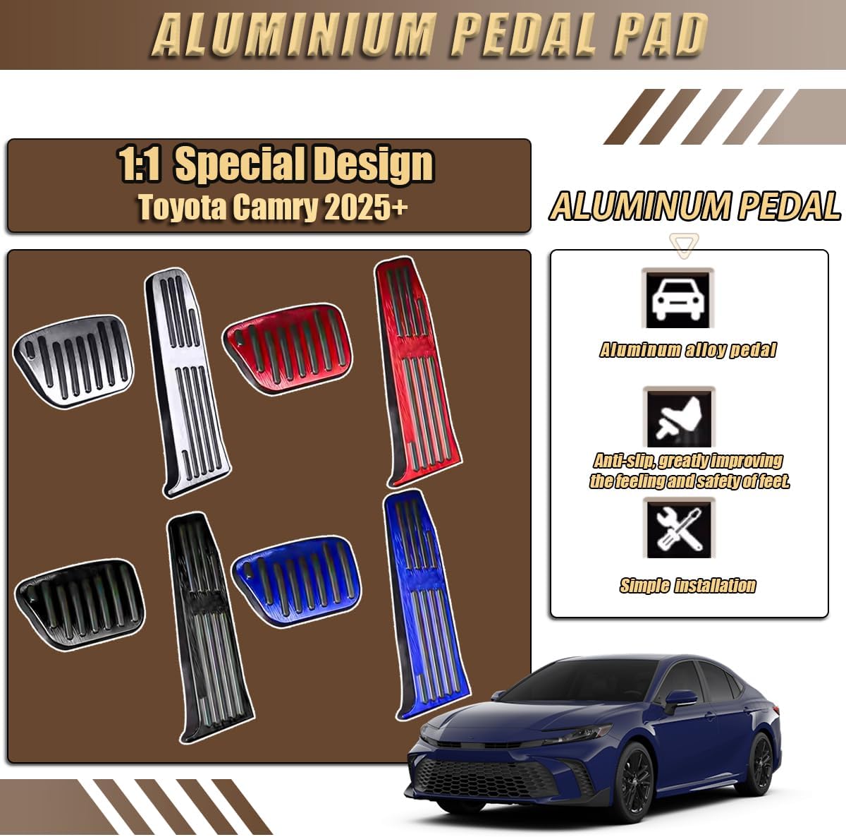 Aluminum Alloy Pedals Cover for Toyota Camry 2025 Non-Slip Auto No Drilling Aluminum Brake and Accelerator Pedal Covers 2PCS（Black）