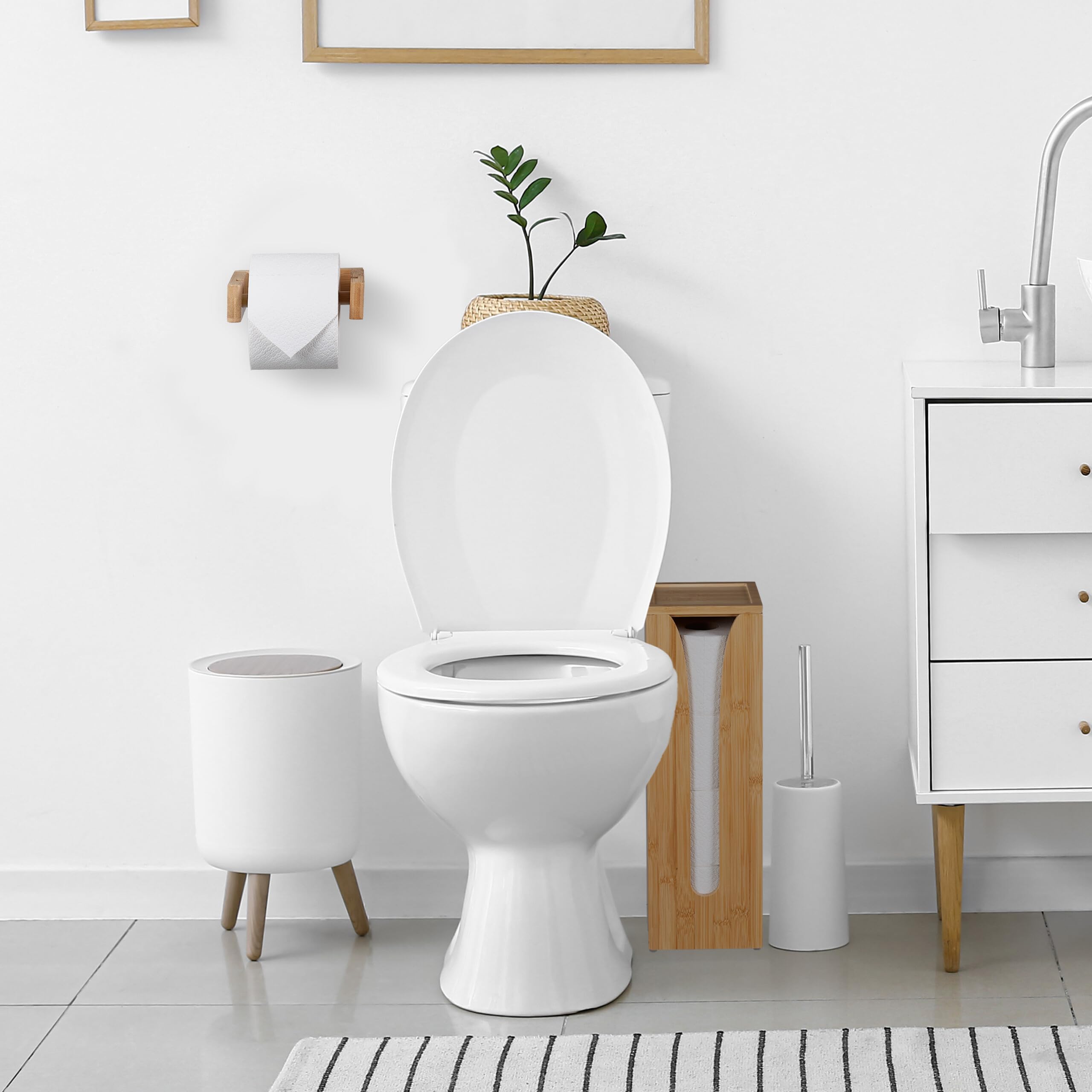 Relaxdays Lot avec Support à Papier Toilette, Bambou, 4 Rouleaux, à Fixer au Mur & Compartiment Non Fixe, Nature