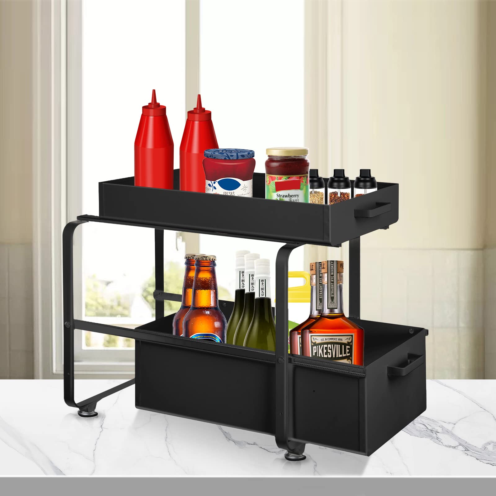 HUOLE Almacenaje Bajo Fregadero 2 Niveles Organizador con cestas deslizantes Especiero con 2cajones Acero Inoxidable Organizador para Cocina,Baño,Oficina-40 * 25.5 * 39.5cm-negro-2pc