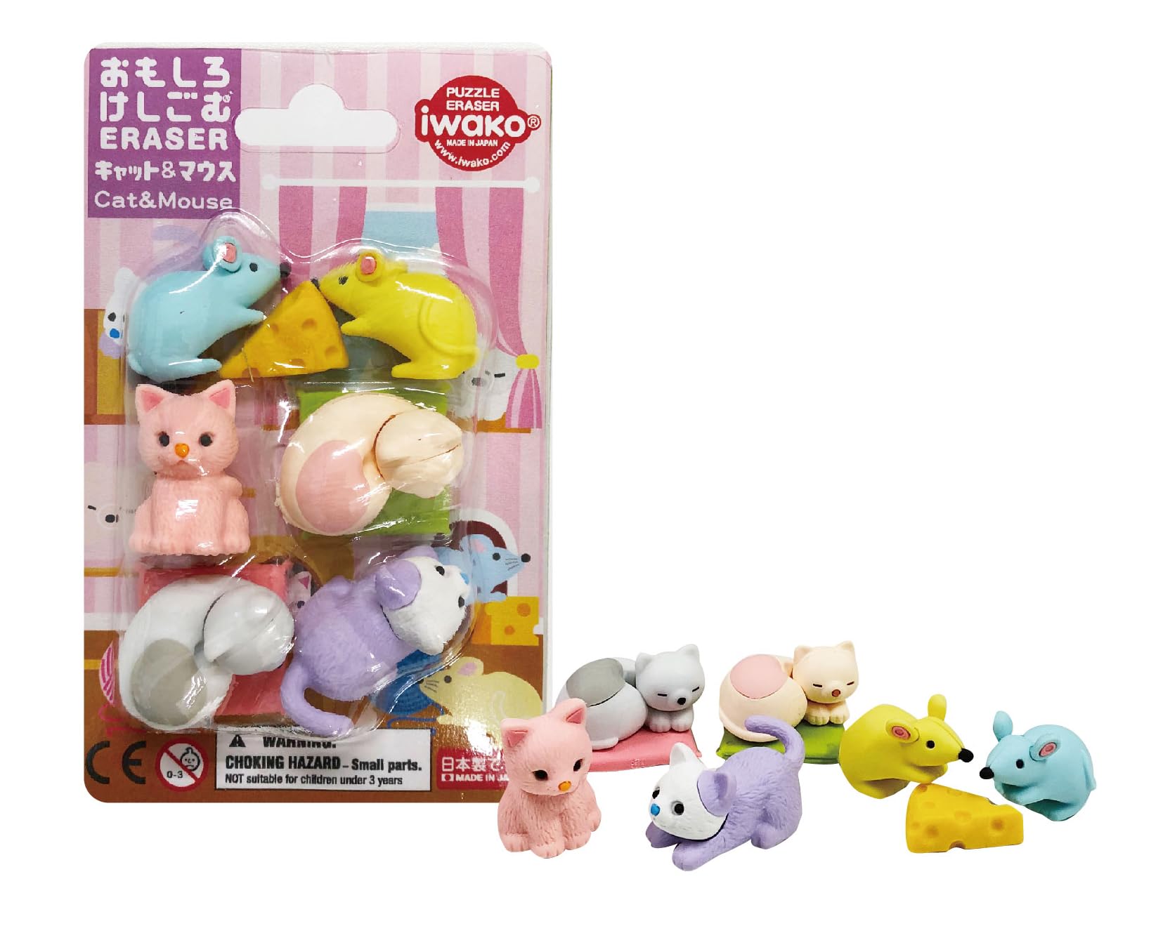 Iwako Lot de Gomme Kawaii Puzzle Chat et Souris - Made in Japan - Mini Gomme Animaux - Enfant Dès 3 ans