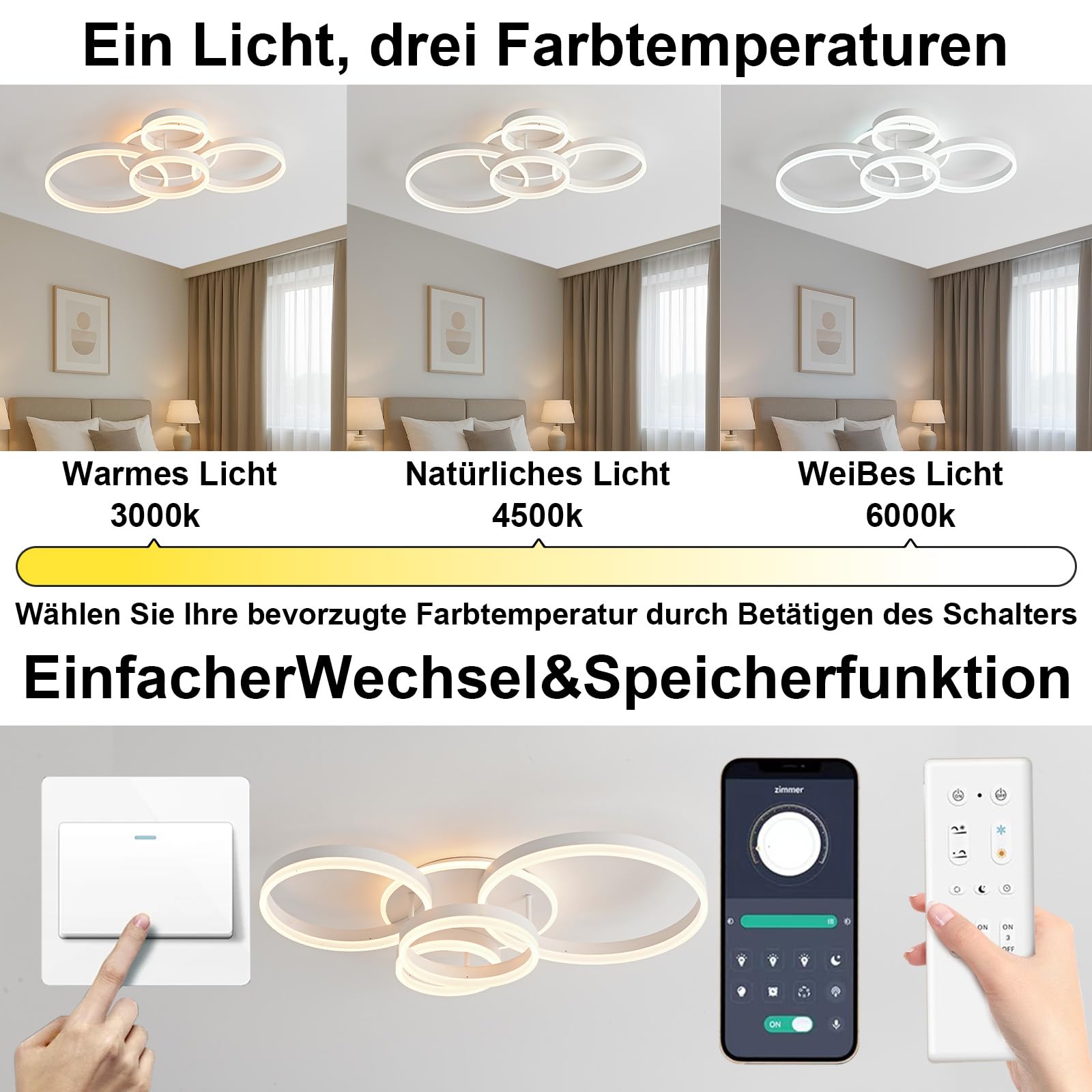 BLMYL Lampada da soffitto a LED dimmerabile, 3000 K – 6000 K, 72 W, 7200 lm, lampada da soffitto, 78 cm, anelli a LED, per camera da letto, cameretta dei bambini, cucina, corridoio