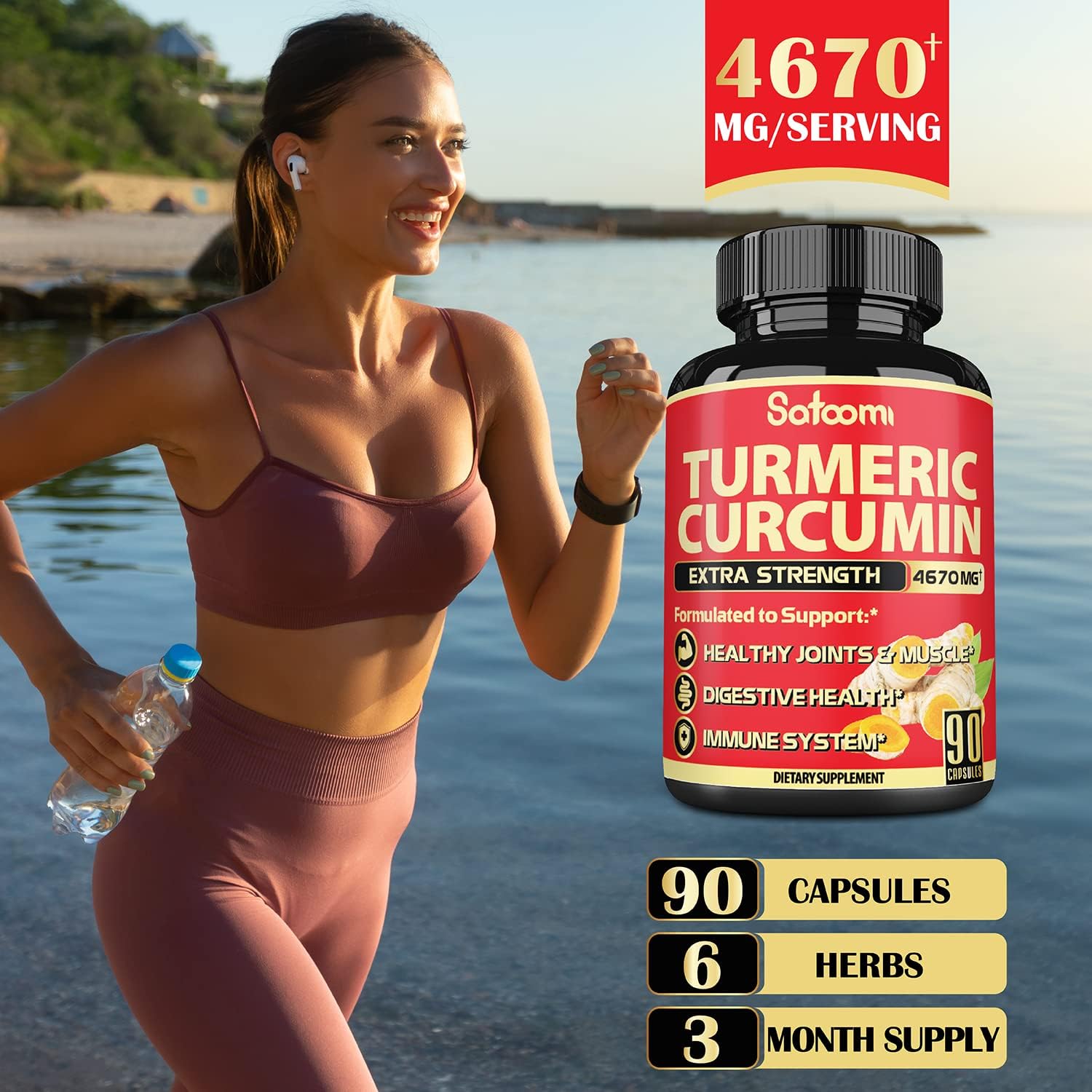 6IN1 Turmeric Curcumin Supplement 𝟒𝟔𝟕𝟎𝐦𝐠 - 3 Month Supply - Combined Ginger Root, Garlic Bulb, Rosemary & Black Pepper - Healthy Joints & Muscle,Digestive and Immune System Support - 90 Capsules