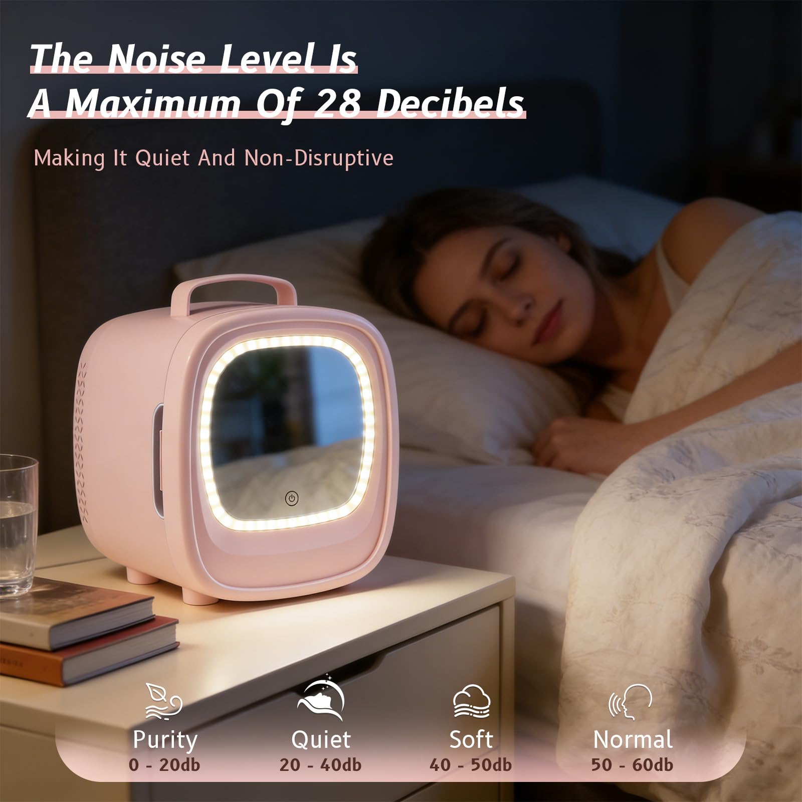 Mini nevera de 6 litros con espejo LED para cosméticos, bebidas, pequeña nevera para el cuidado de la piel en el dormitorio y el bañ