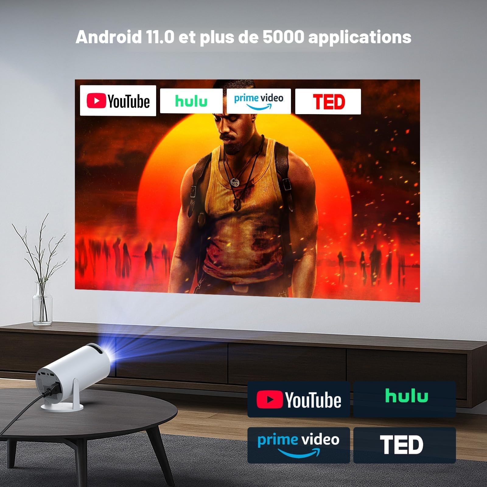 Vidéoprojecteur 4K Mini Projecteur Portable Android 11 avec BT 5.0 et WiFi 6, projecteur Video avec Auto Keystone, 220° Rotation retroprojecteur Compatible avec USB/PS/HDMI/TV Stick