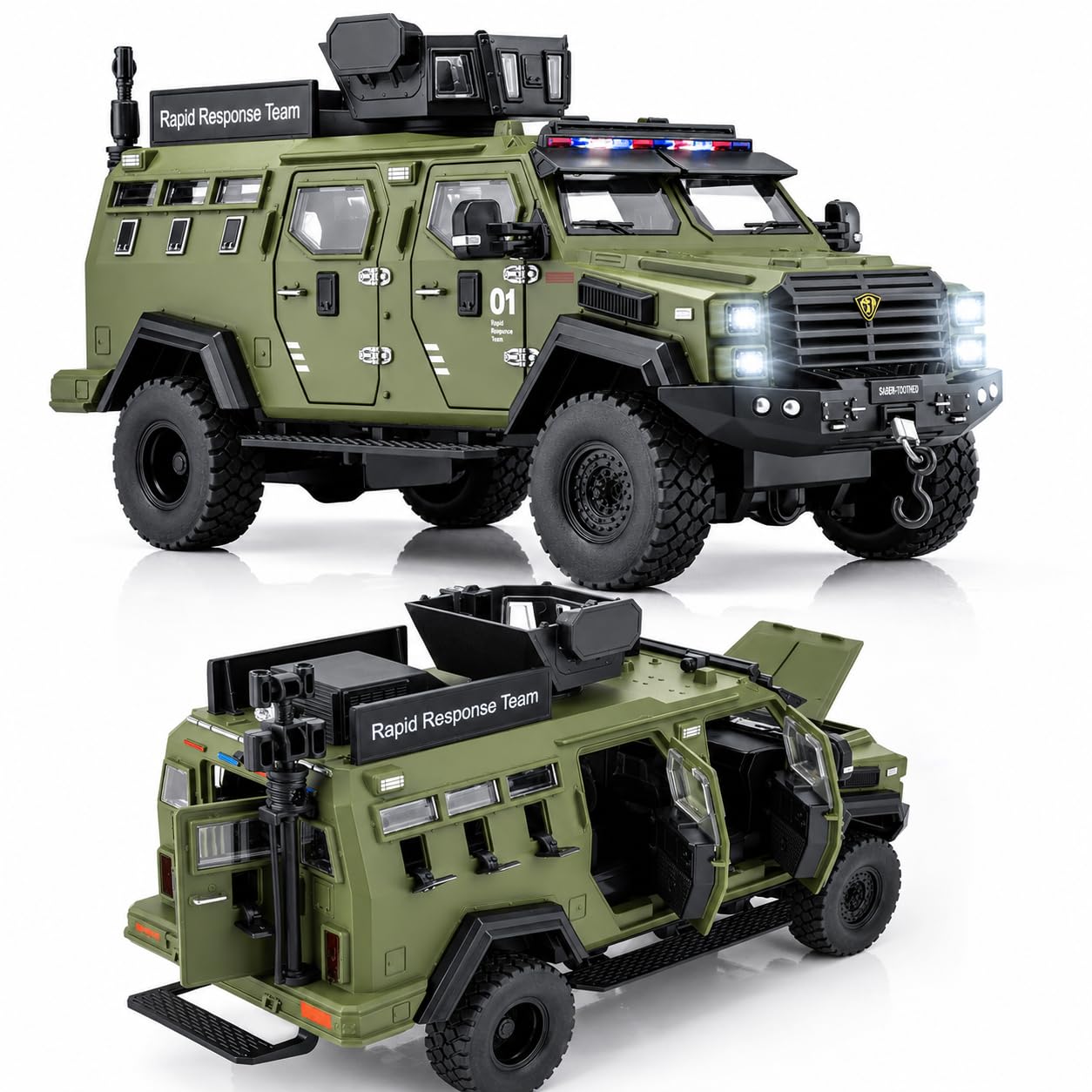 Magicwand® 1:24 Scale Die-Cast Metal Saber-Tooth Armored Truck【Large】 with Openable 11 Small Windows & Doors,Lights & Music & Working Steering【Military】【Pack of 1】-image-17