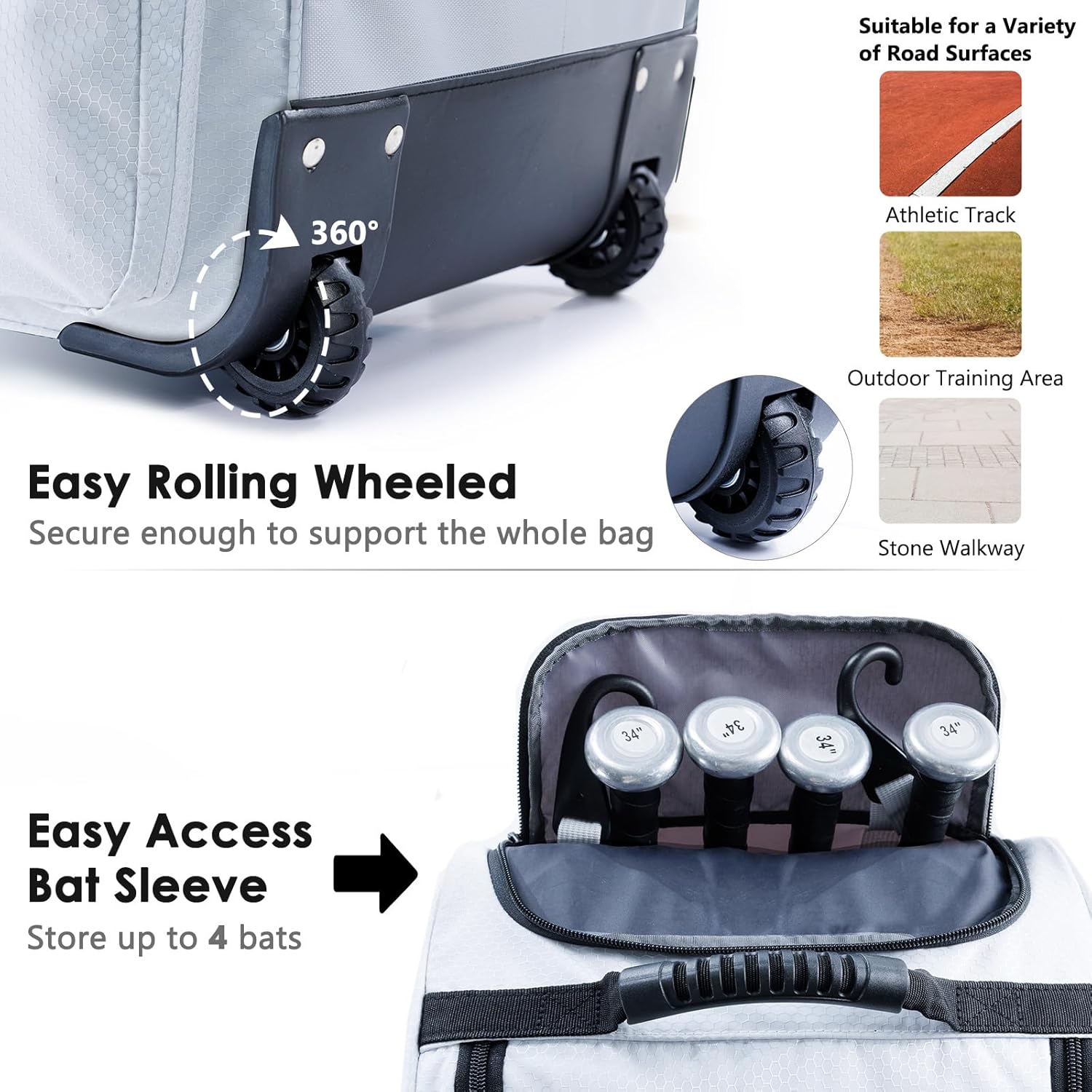 Rolling Baseball Bag With Wheels, Seperate Shoe Compartment and Fence Hook - Large Softball Bag for T-Ball - Team Equipment Duffle Bag - Catcher Gear Bag for Boys 8-12, Youth, Adults