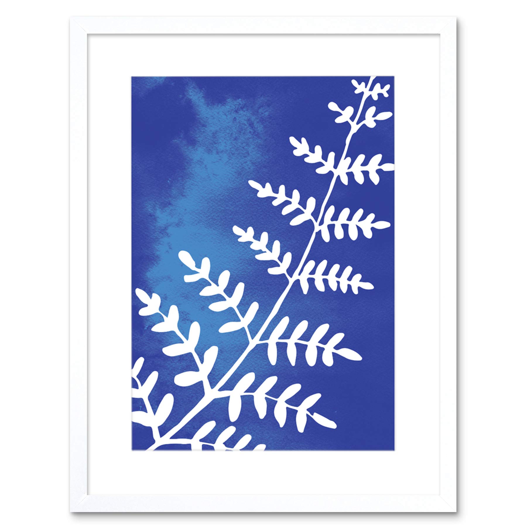 Wee Blue Coo Fern Leaves Watercolour Cobalt 12x16 Framed Wall Art Print
