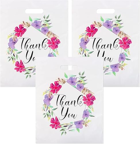 Miniatura 9 de POPGIFTU Paquete de 50 bolsas de plástico con diseño floral de agradecimiento de 12 x 15 pulgadas para pequeñas empresas, bolsas de compras de