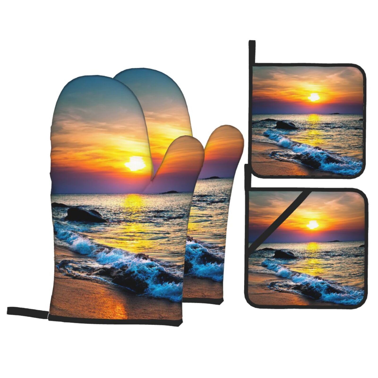 Beach And Sunset Print Stylish Heat-Resistant Oven 4-Piece Set Kitchen Gloves Roasting Daily Cooking