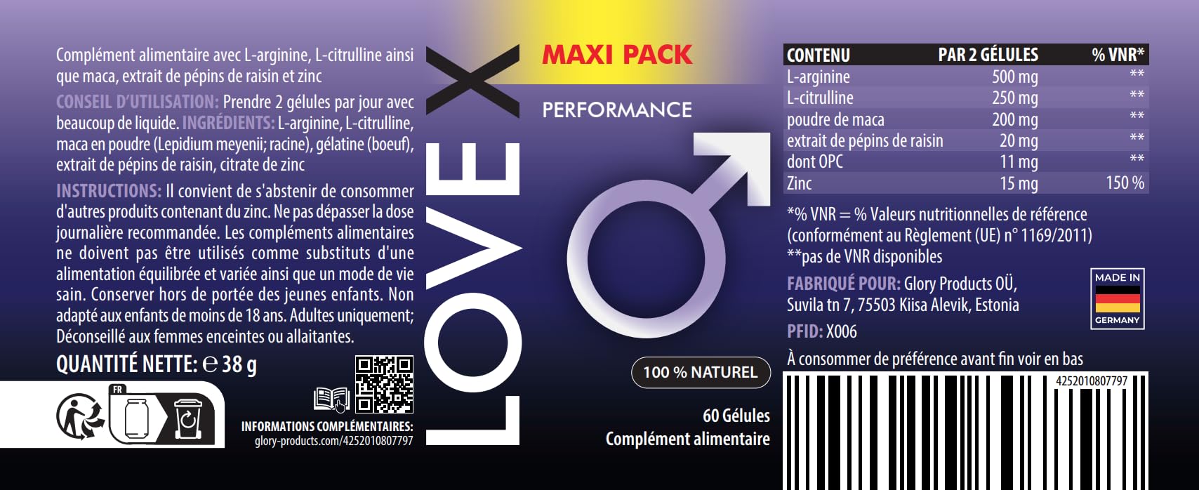 Love X – Convient aux hommes - avec L-arginine, L-citrulline, maca - Contenu : 60 gélules