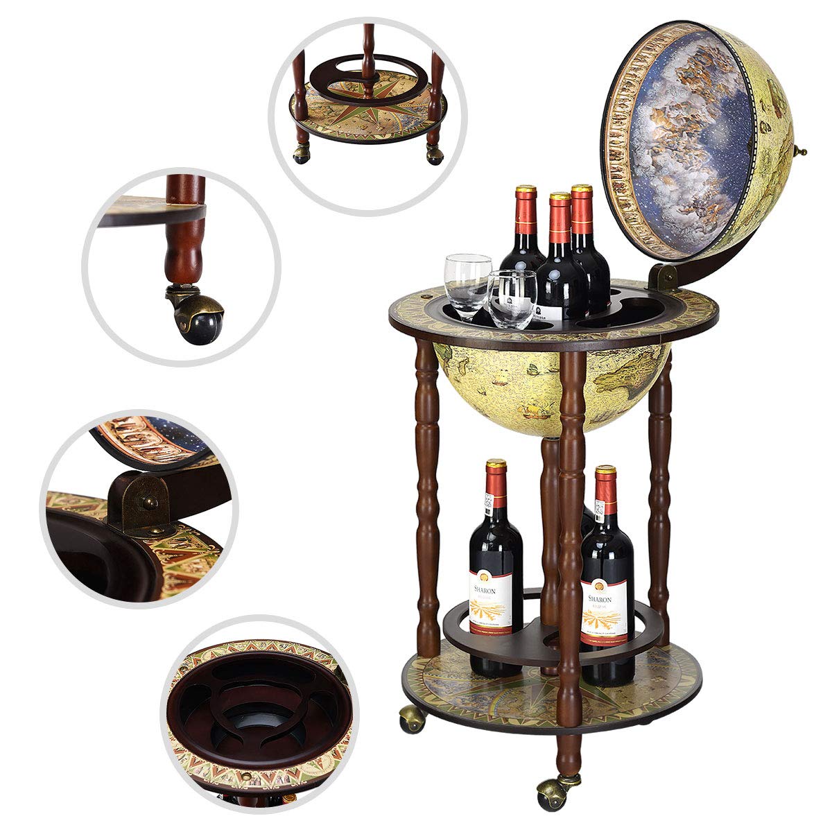 CASART 330MM Globe Drinks with Casters, Movable Whisky Wine